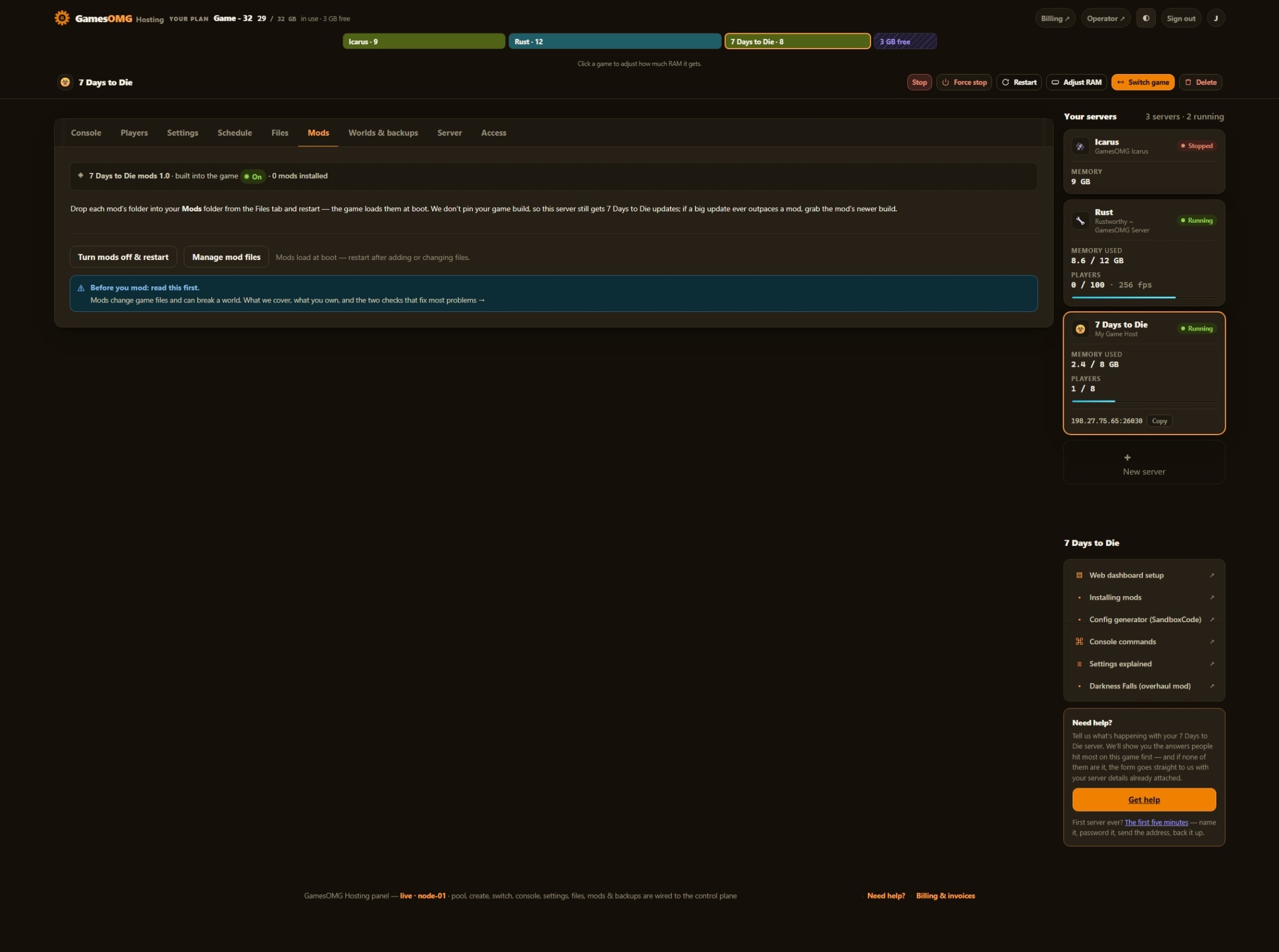 7 Days to Die mods in the GamesOMG Hosting panel