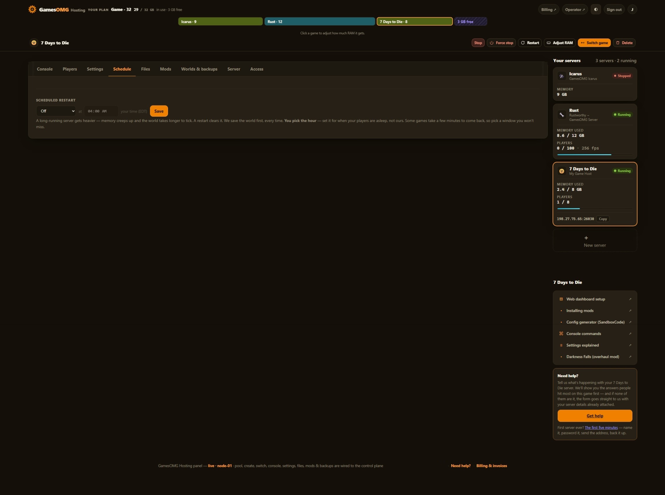 7 Days to Die schedule in the GamesOMG Hosting panel