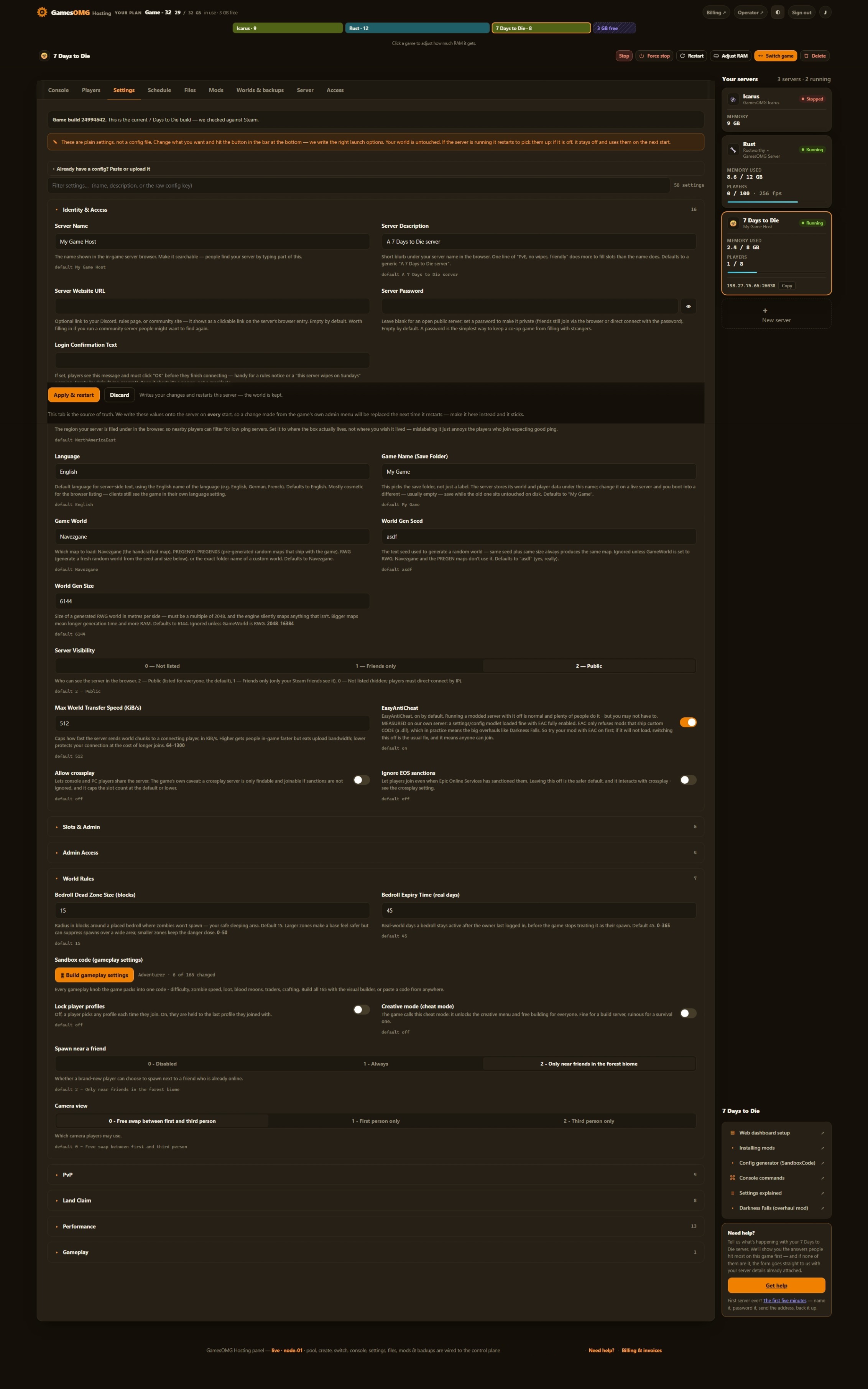 7 Days to Die settings in the GamesOMG Hosting panel