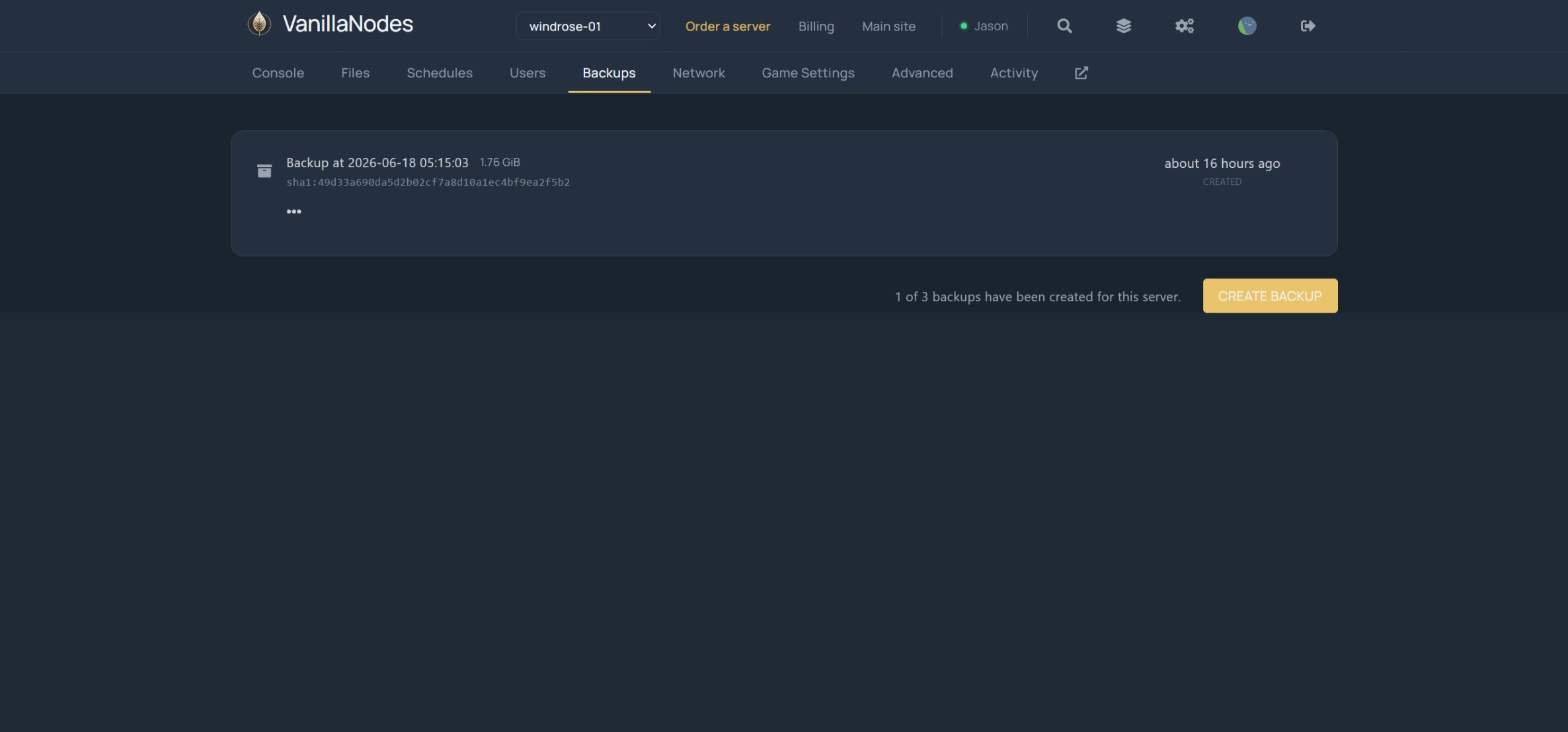 Nightly backups for a Windrose server in the AcidNodes panel, with checksums