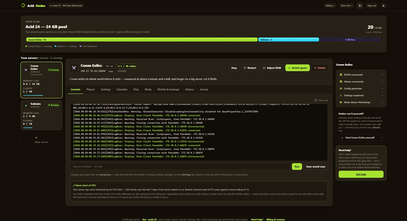Conan Exiles console in the AcidNodes panel