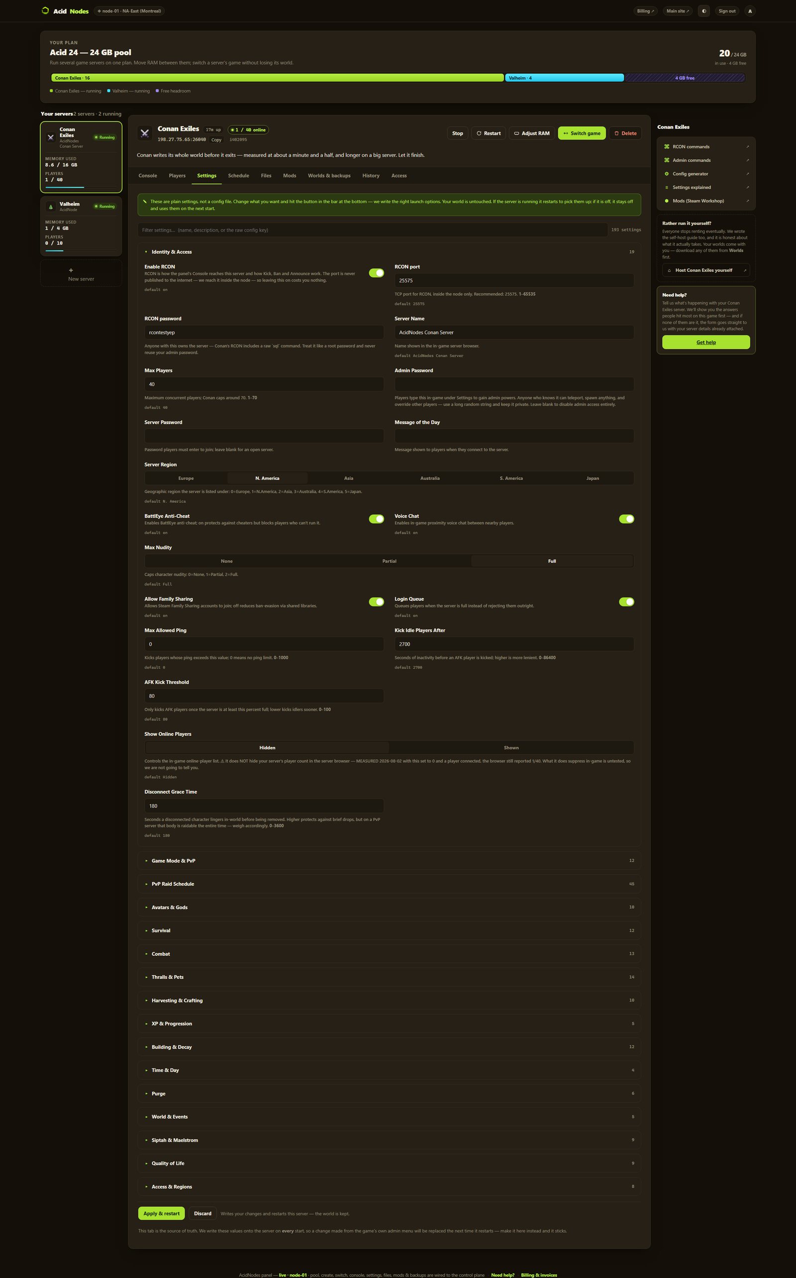 Conan Exiles settings in the AcidNodes panel