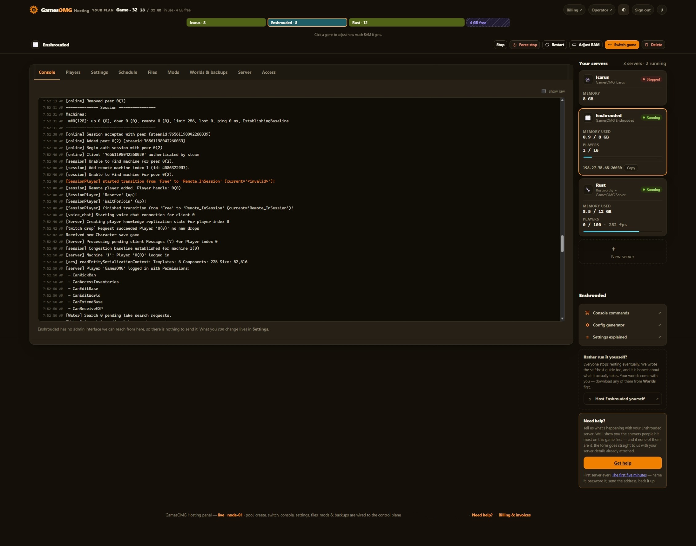 Enshrouded console in the GamesOMG Hosting panel