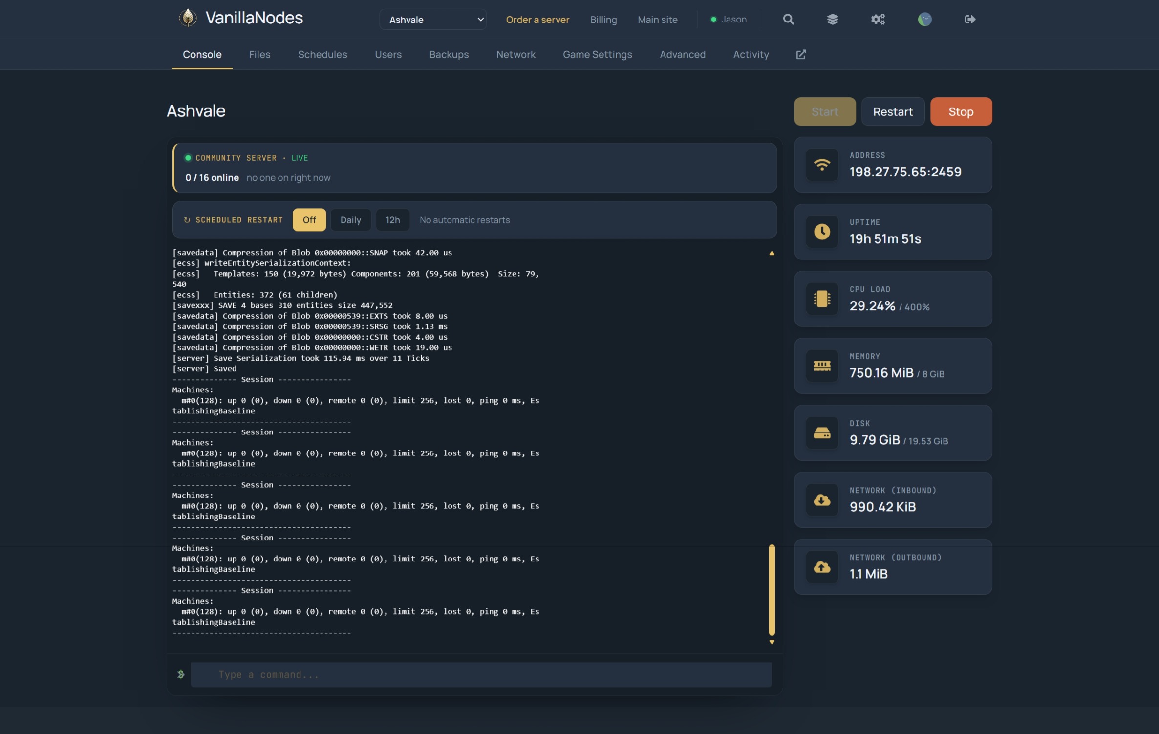 AcidNodes console for an Enshrouded community server — live log, scheduled restart, stats and the online-players card
