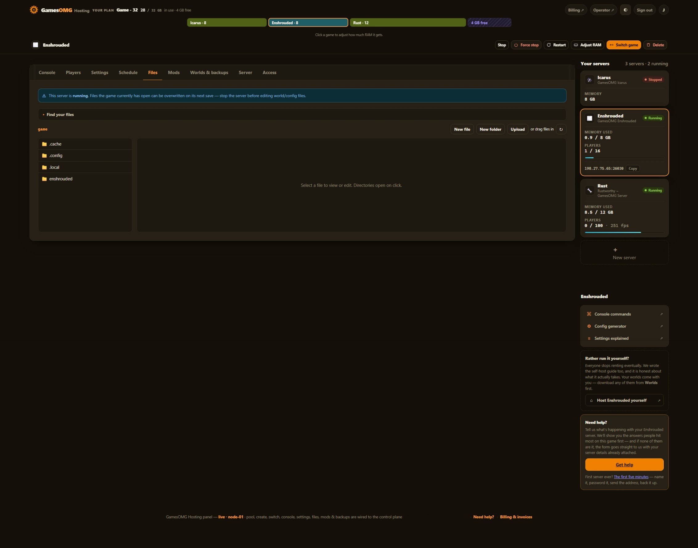 Enshrouded files in the GamesOMG Hosting panel