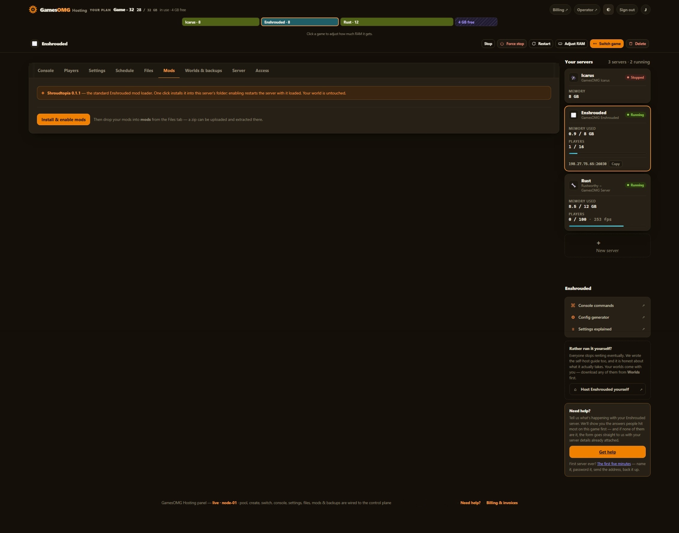 Enshrouded mods in the GamesOMG Hosting panel