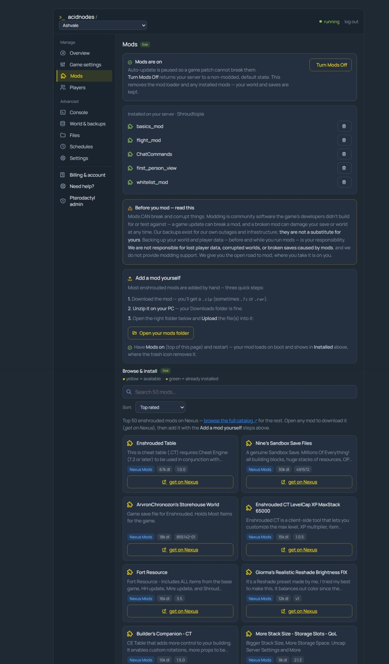Enshrouded mods in the AcidNodes panel — the Shroudtopia loader and file-manager mod upload