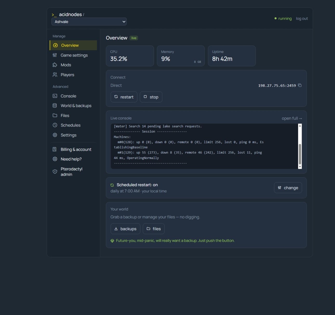 Enshrouded server overview in the AcidNodes panel — CPU, RAM, uptime, direct-connect IP, power controls and restart schedule