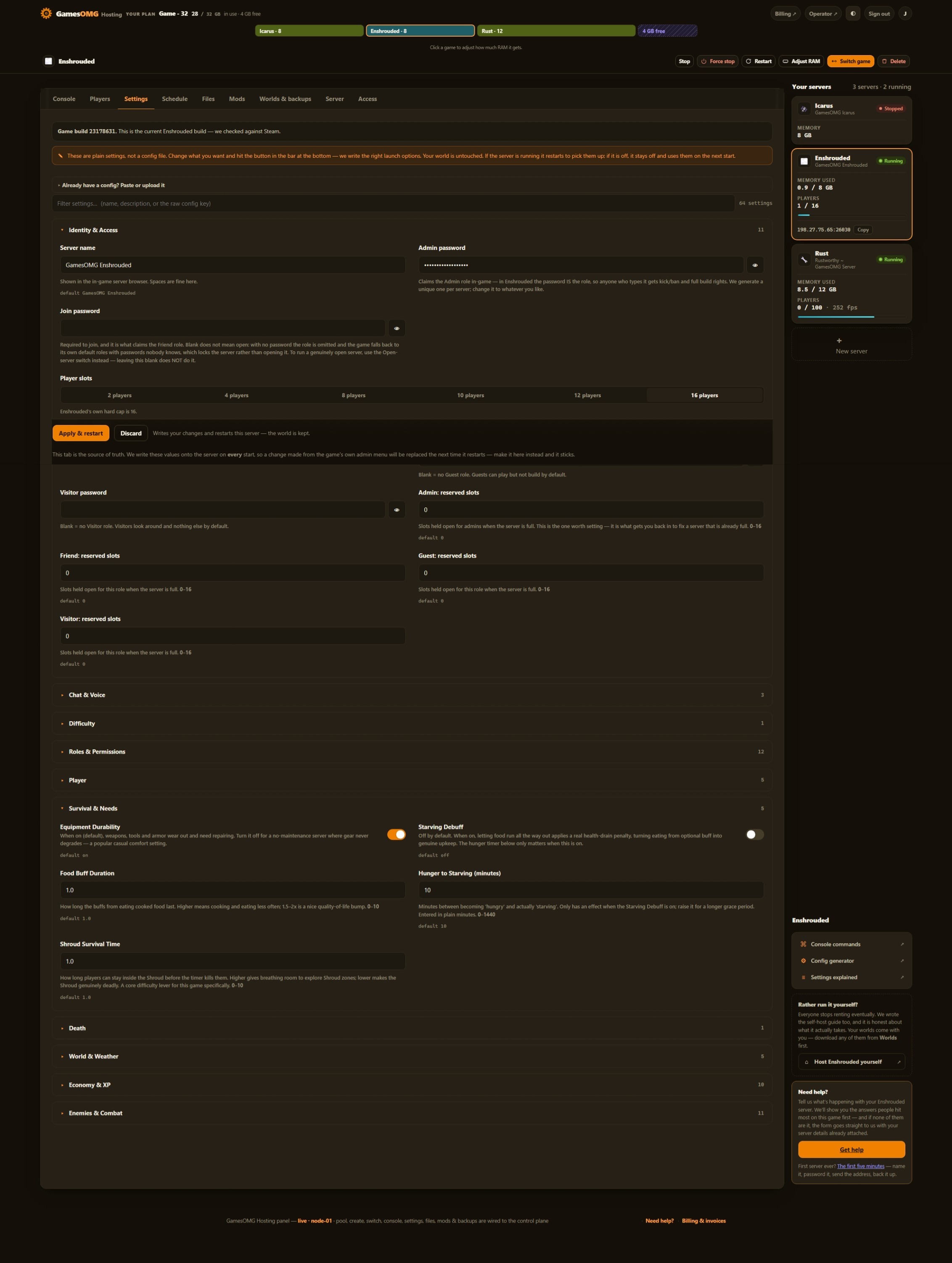 Enshrouded settings in the GamesOMG Hosting panel