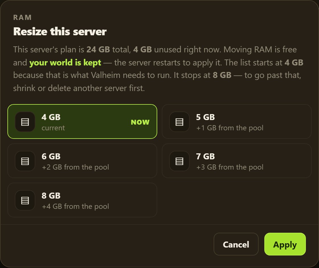 The Resize this server dialog: RAM options drawn from the plan's spare capacity, with the note that moving RAM is free and your world is kept.