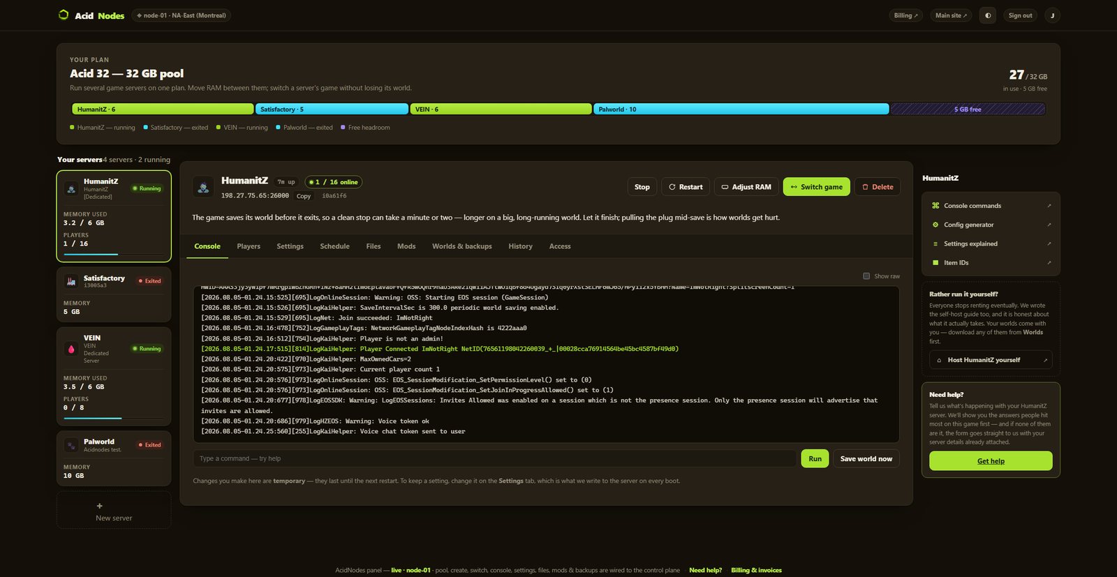 HumanitZ console in the AcidNodes panel