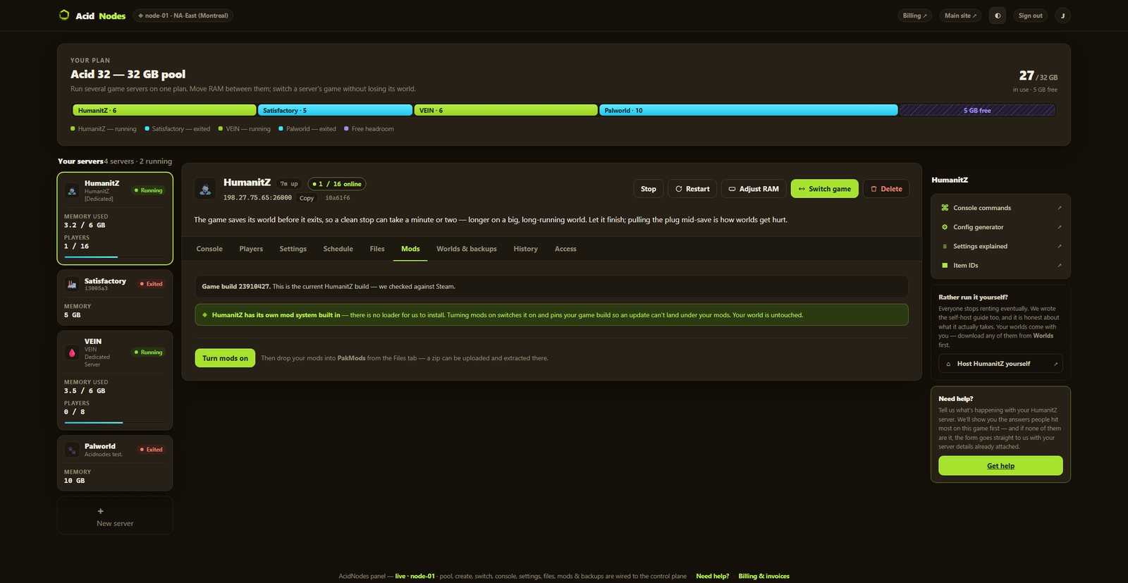 HumanitZ mods in the AcidNodes panel