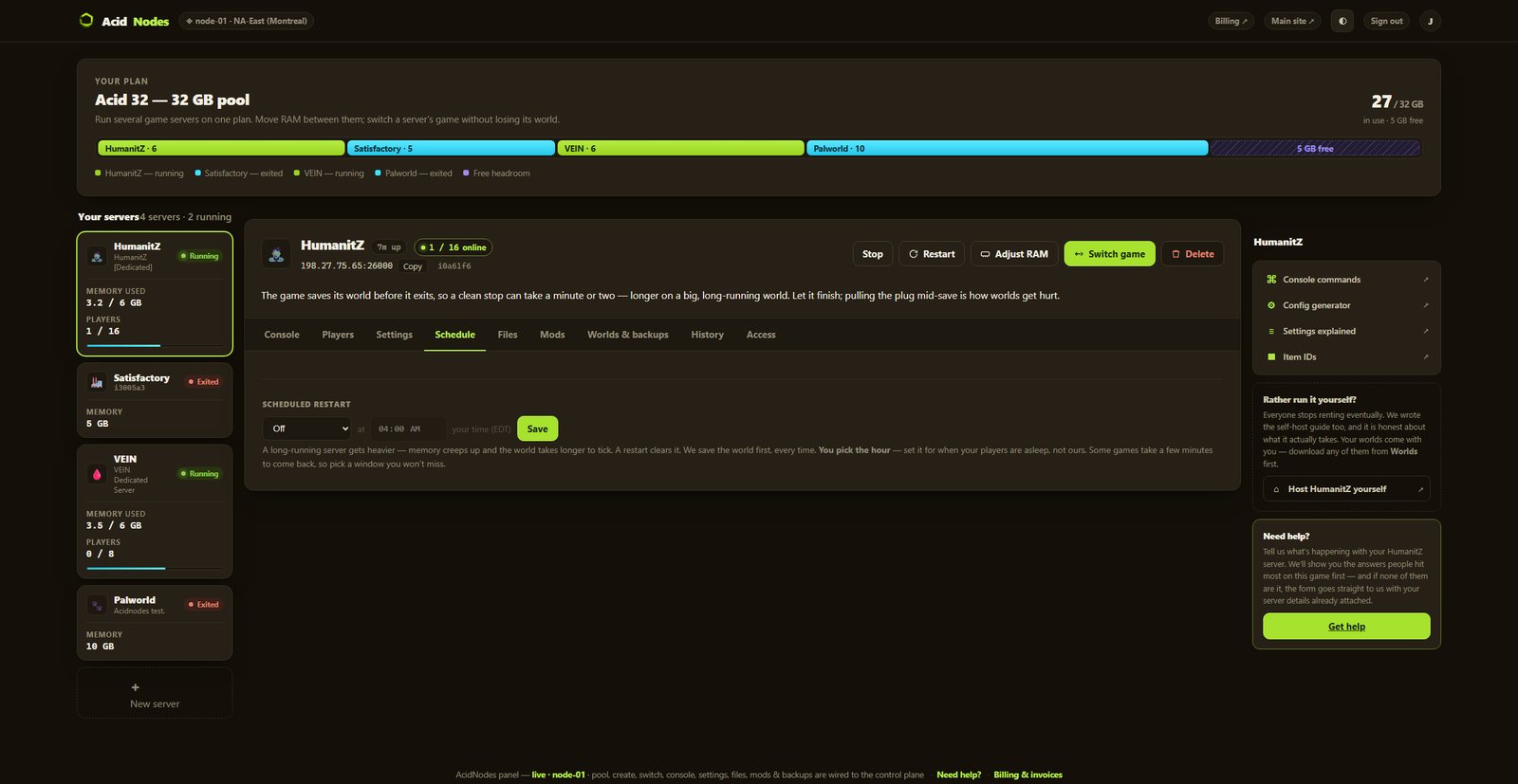 HumanitZ schedule in the AcidNodes panel