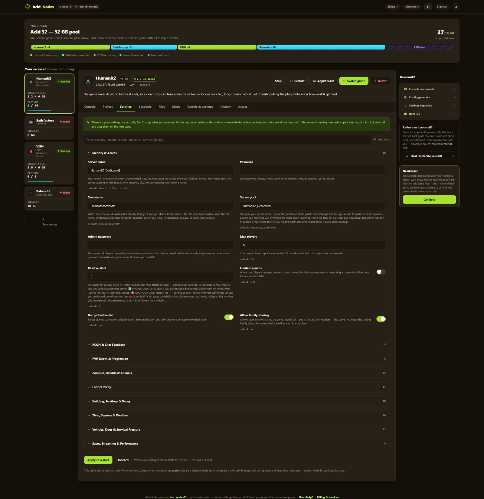 HumanitZ settings in the AcidNodes panel