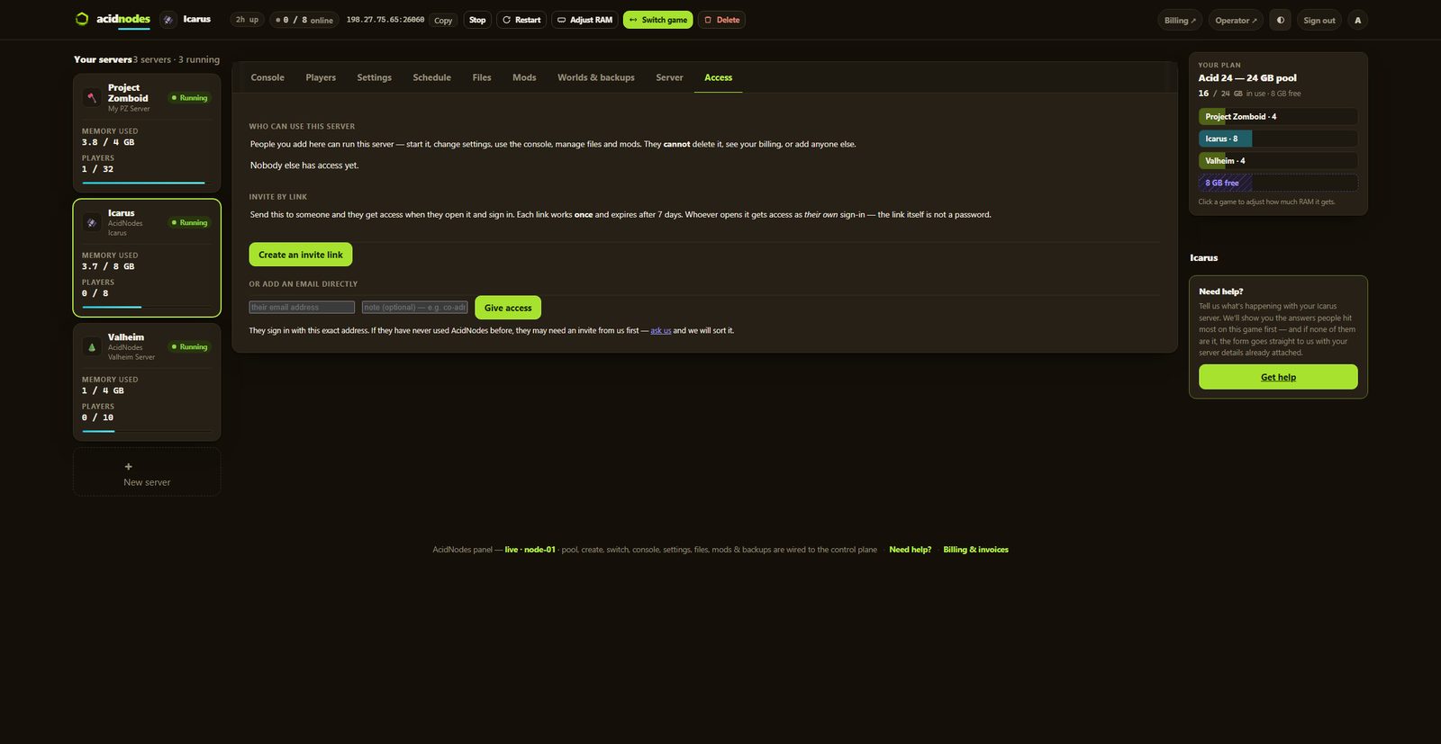 Icarus access in the AcidNodes panel