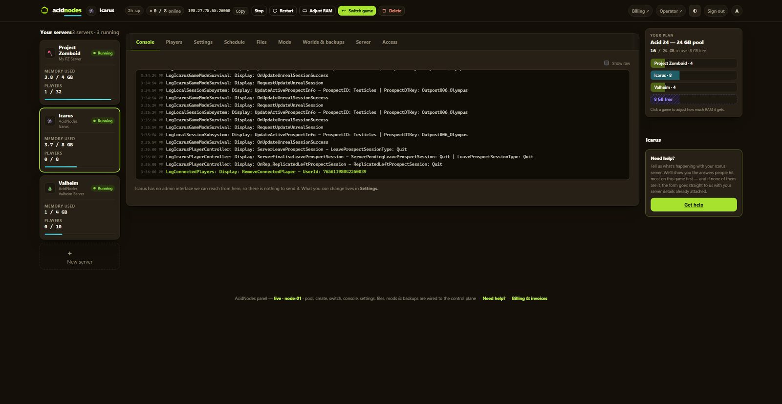 Icarus console in the AcidNodes panel
