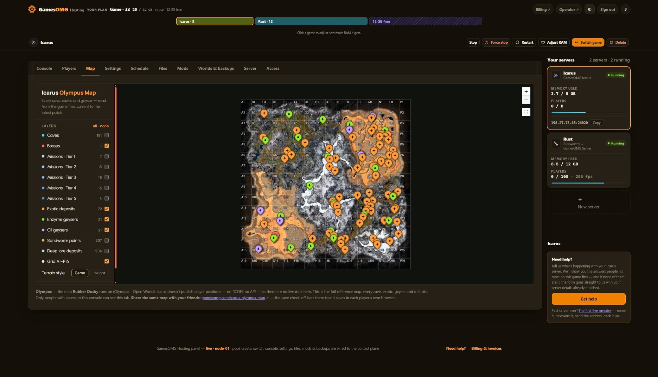 Icarus map in the GamesOMG Hosting panel