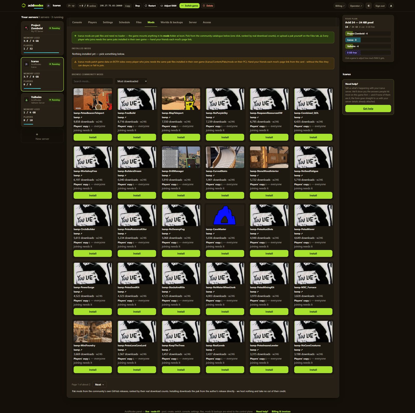Icarus mods in the AcidNodes panel