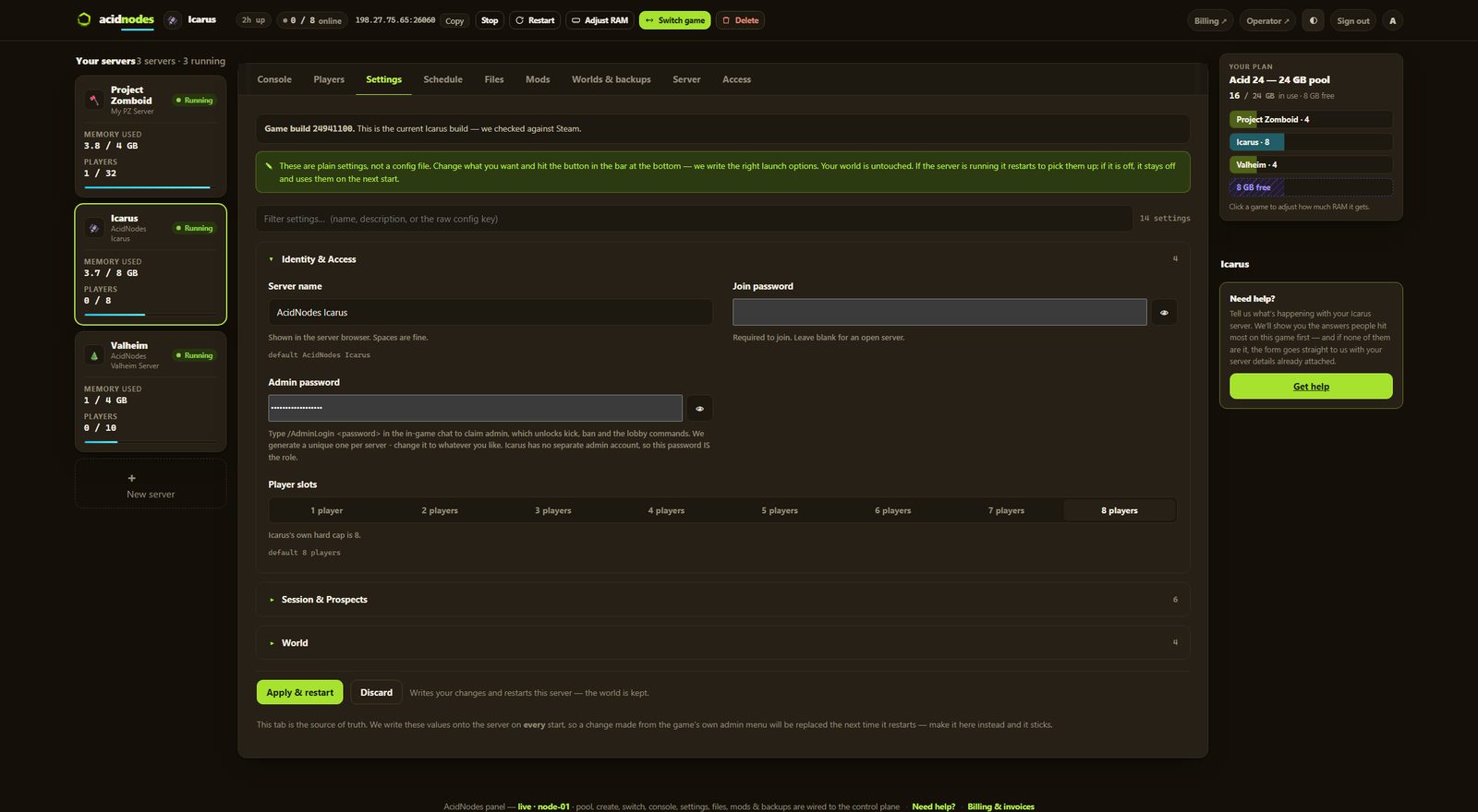 Icarus settings in the AcidNodes panel