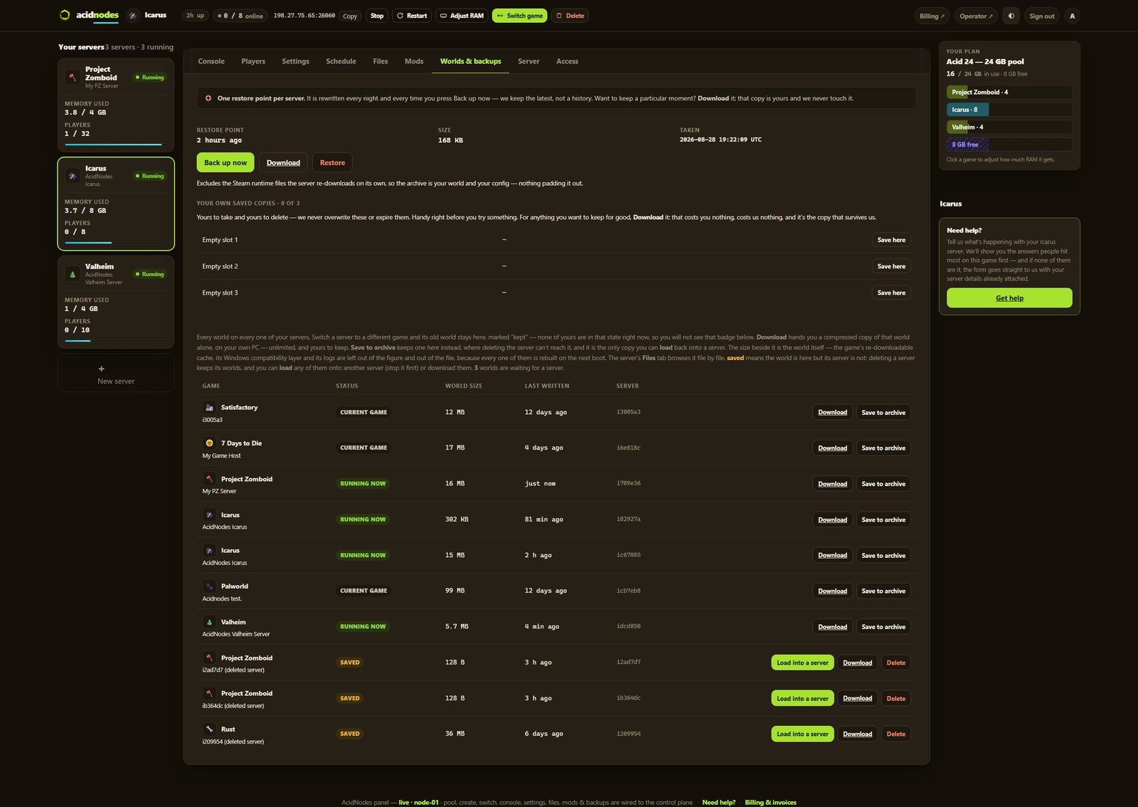 Icarus worlds and backups in the AcidNodes panel