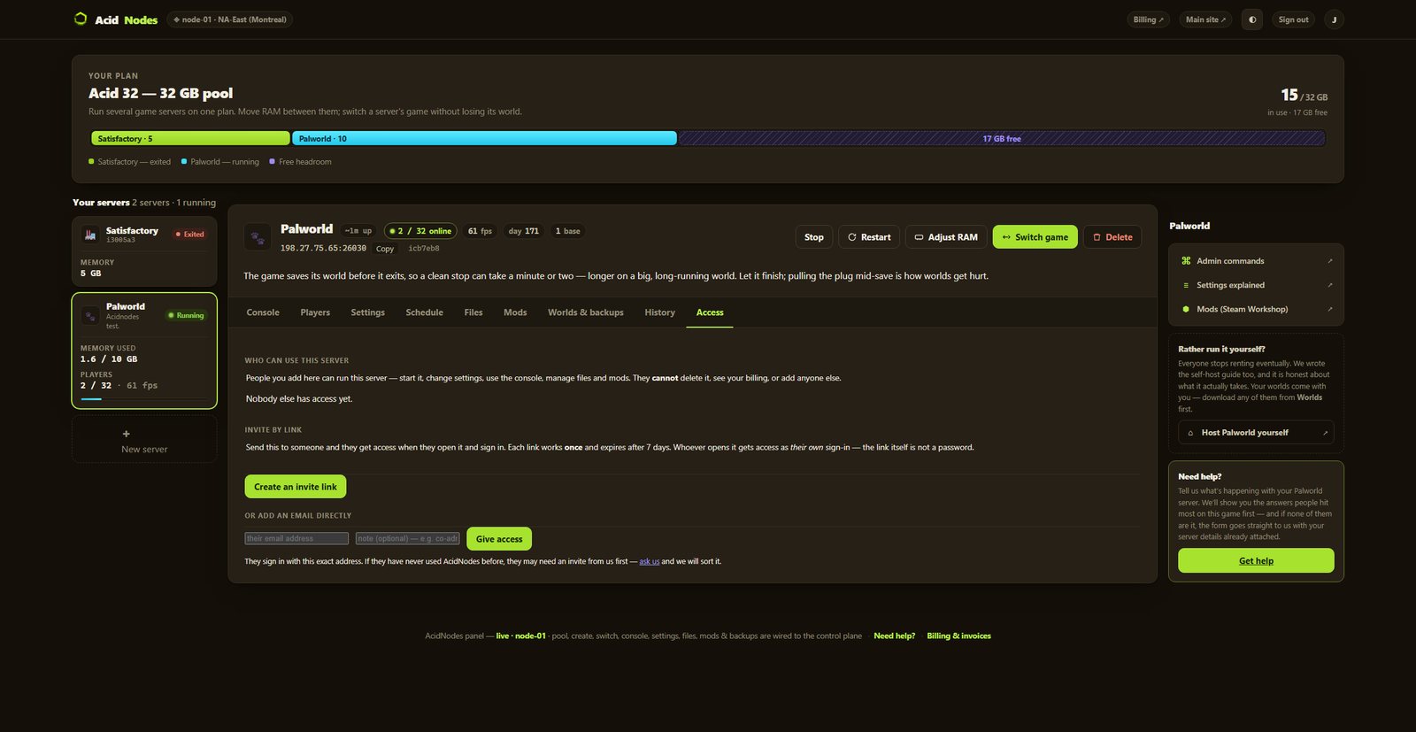 Palworld access in the AcidNodes panel
