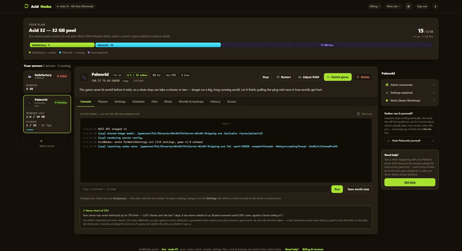 Palworld console in the AcidNodes panel