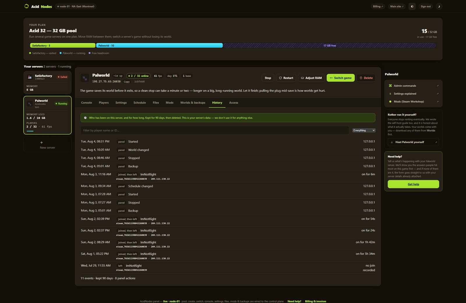 Palworld history in the AcidNodes panel