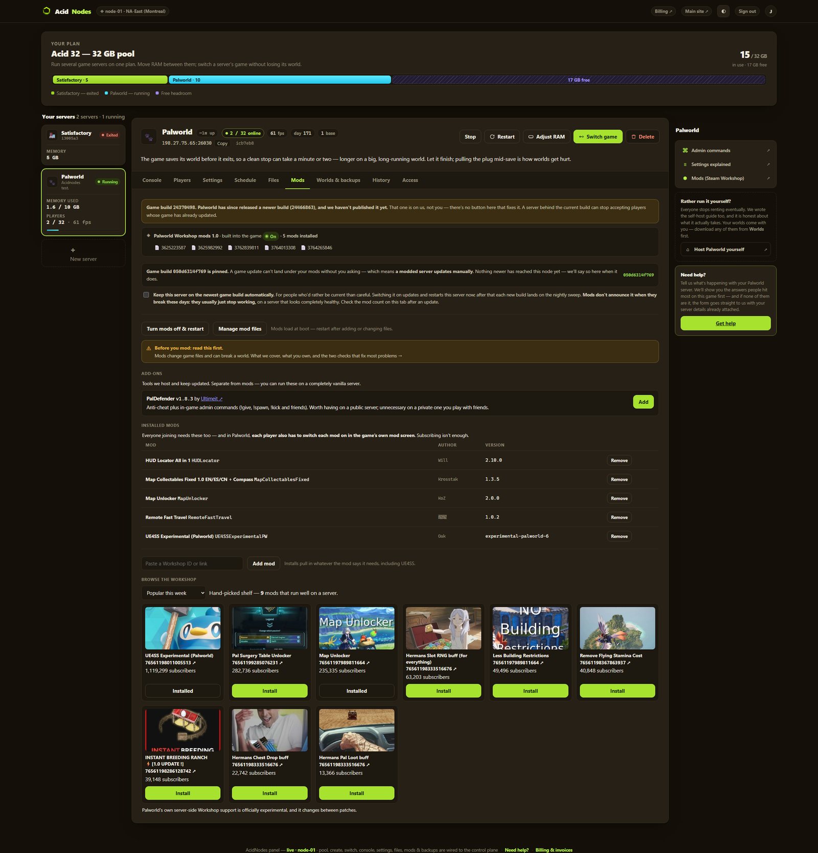 Palworld mods in the AcidNodes panel