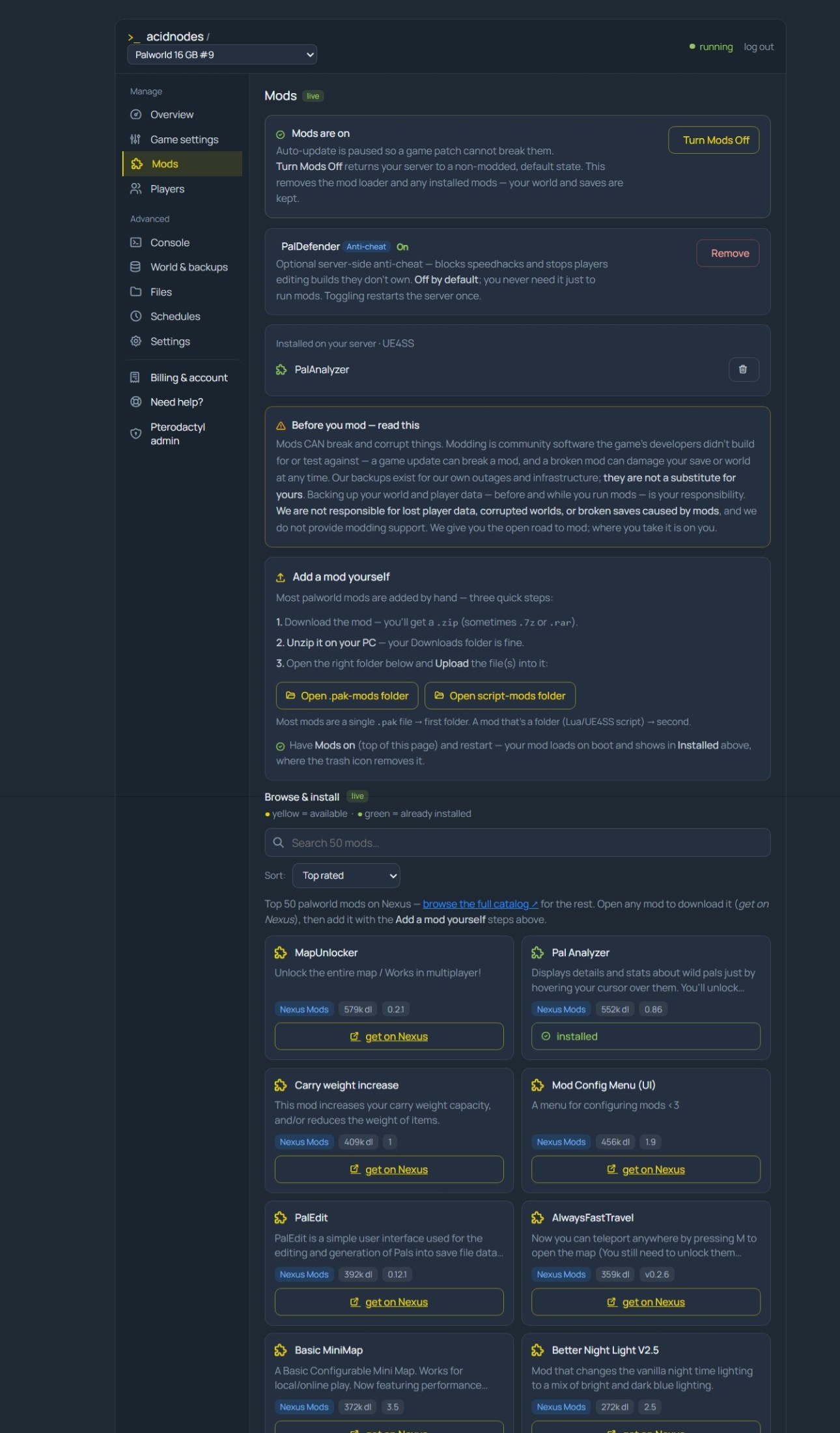 Palworld mods in the AcidNodes panel — PalDefender anti-cheat and a searchable mod catalog