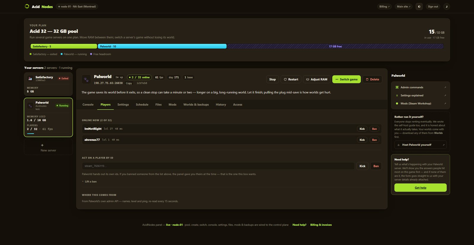 Palworld players in the AcidNodes panel