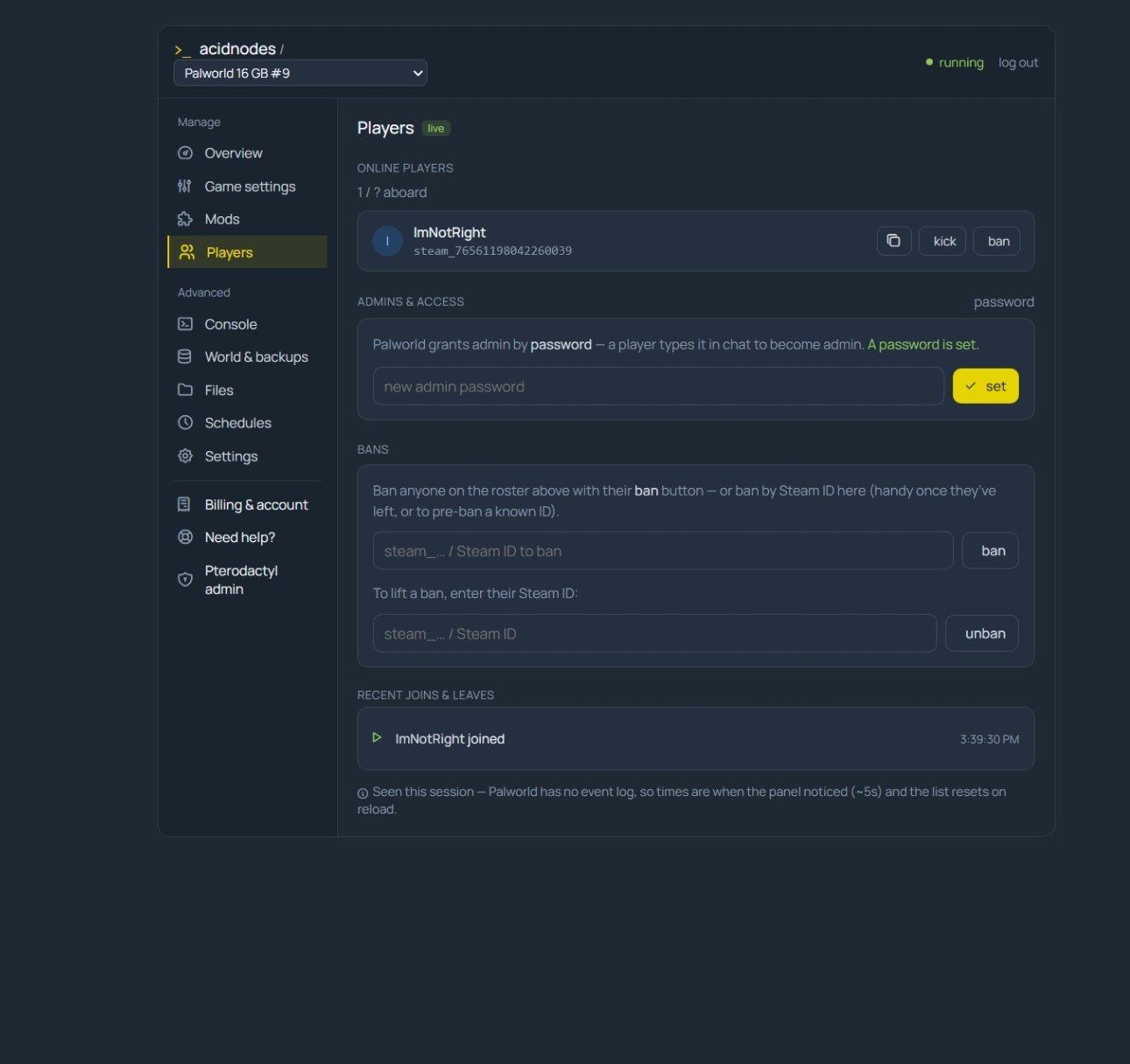 Palworld live player roster in the AcidNodes panel — kick, ban and admin-by-password