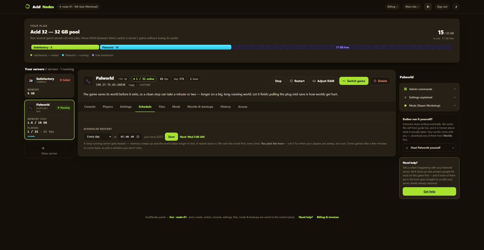 Palworld schedule in the AcidNodes panel