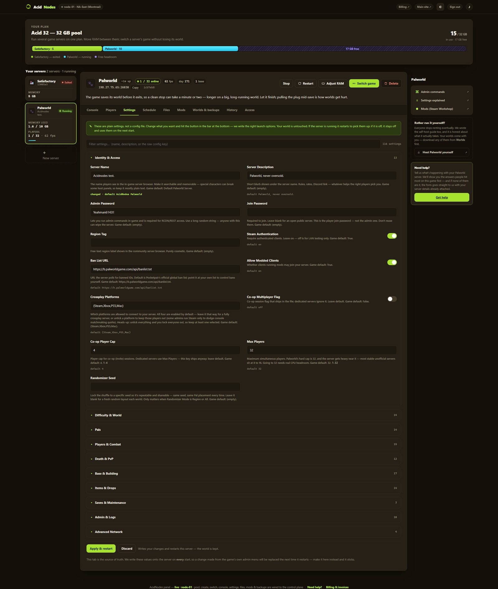 Palworld settings in the AcidNodes panel