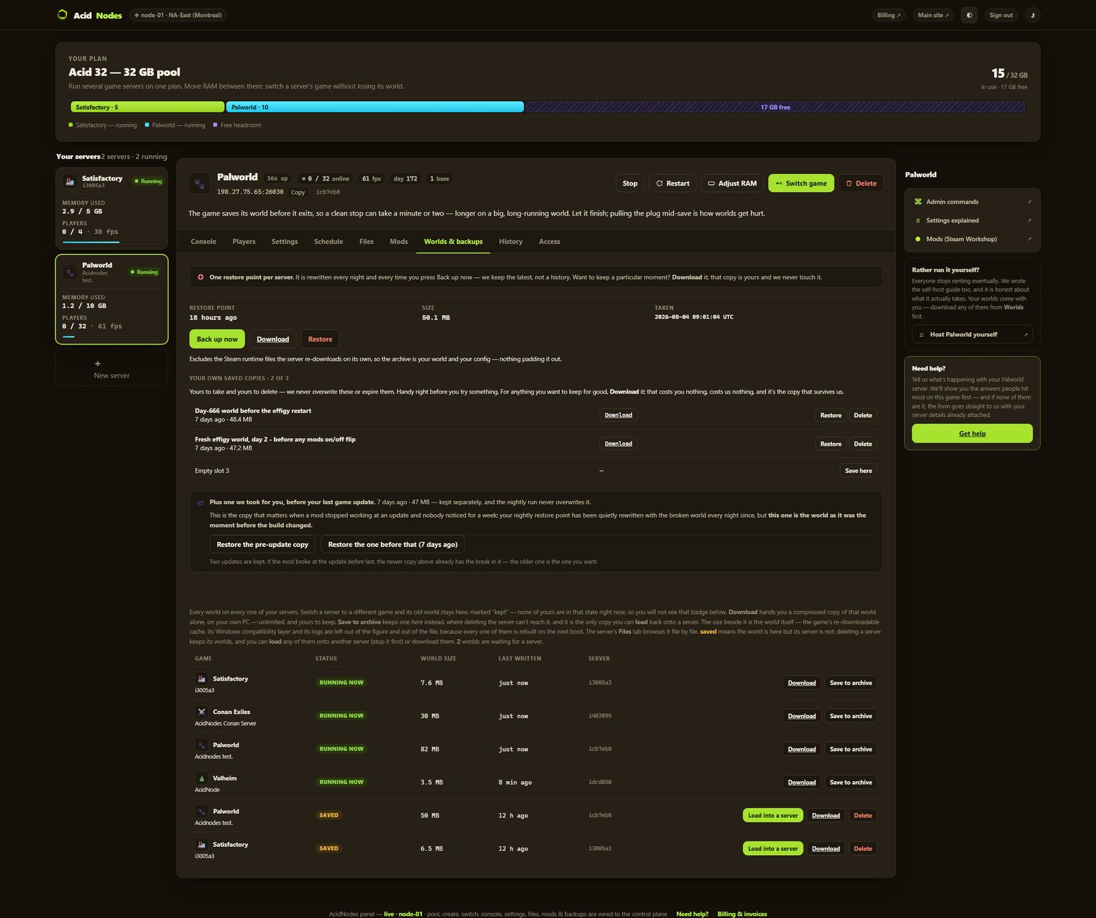 Palworld worlds and backups in the AcidNodes panel