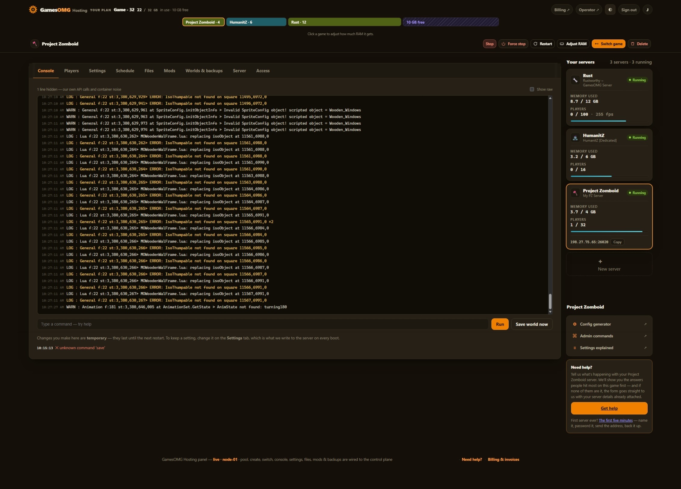 Project Zomboid console in the GamesOMG Hosting panel