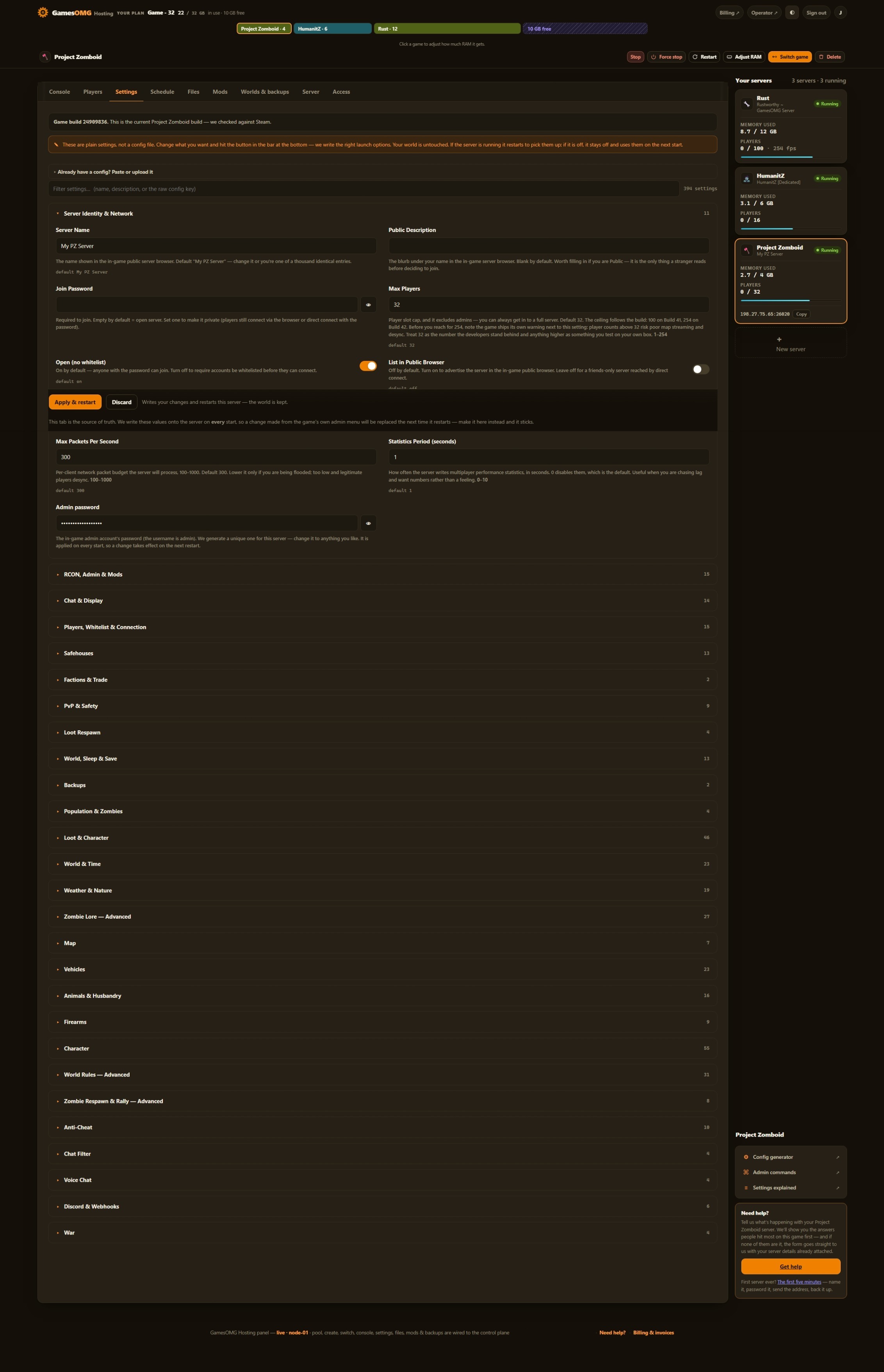 Project Zomboid settings in the GamesOMG Hosting panel