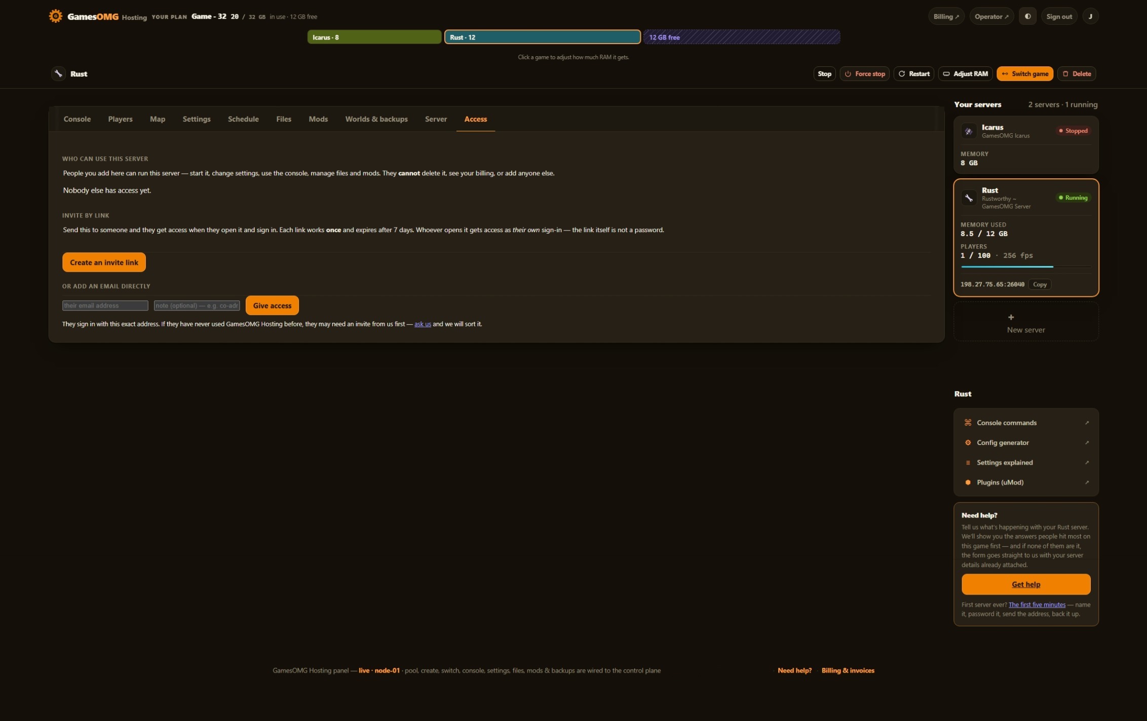 Rust access in the GamesOMG Hosting panel