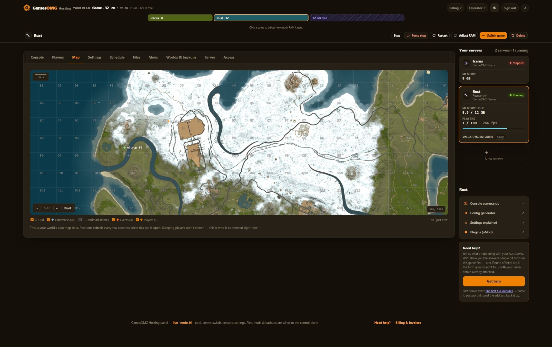 Rust map in the GamesOMG Hosting panel