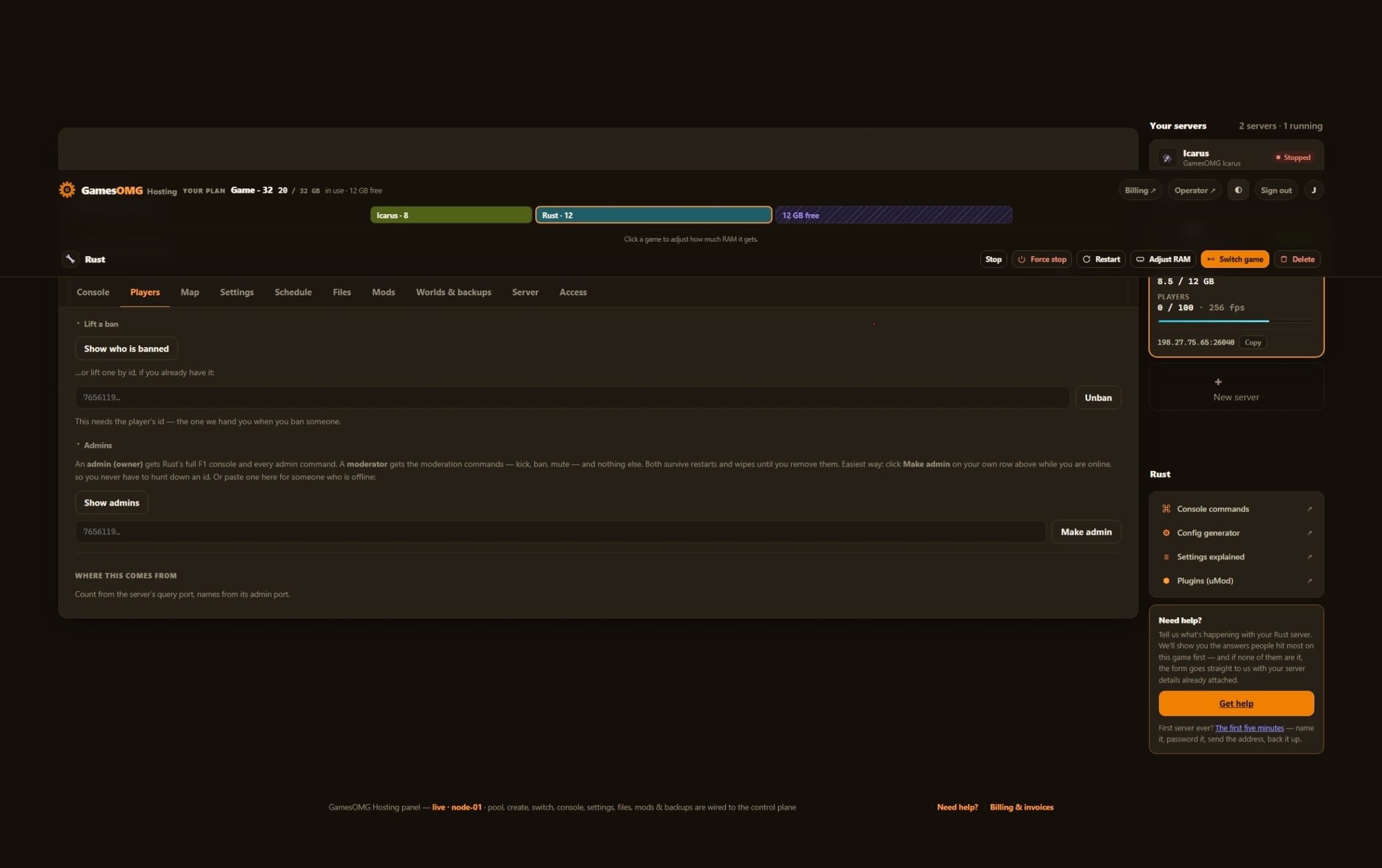 Rust players in the GamesOMG Hosting panel