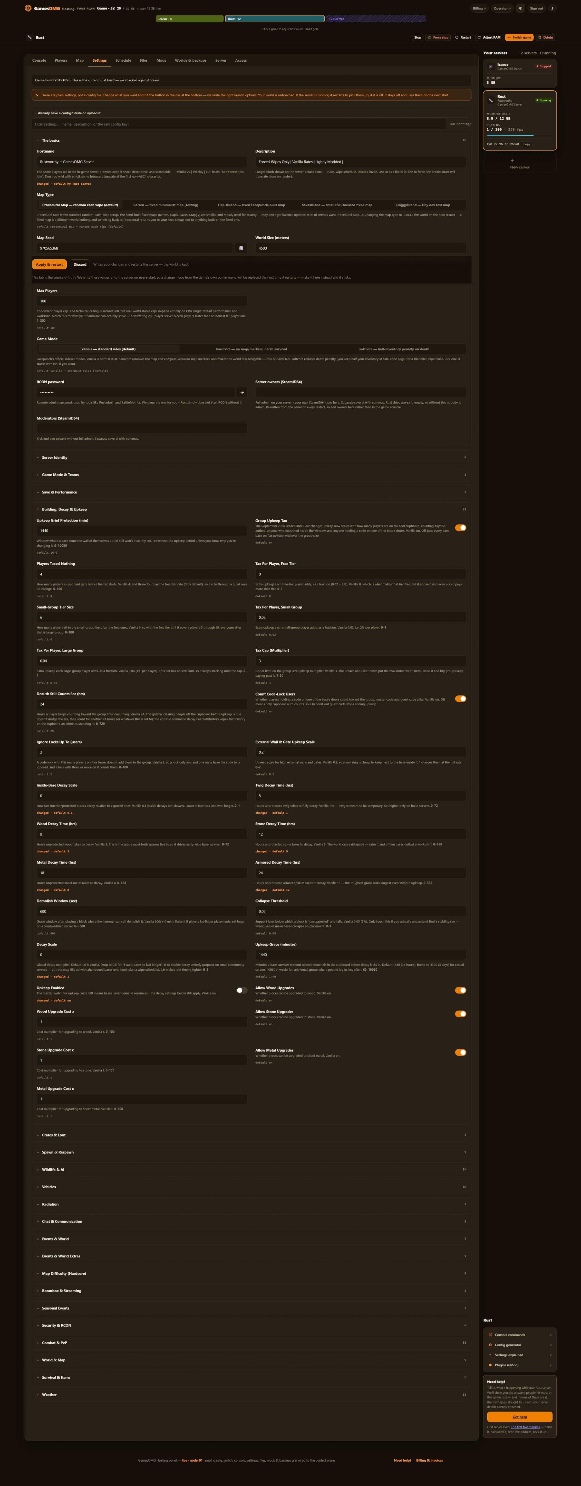 Rust settings in the GamesOMG Hosting panel
