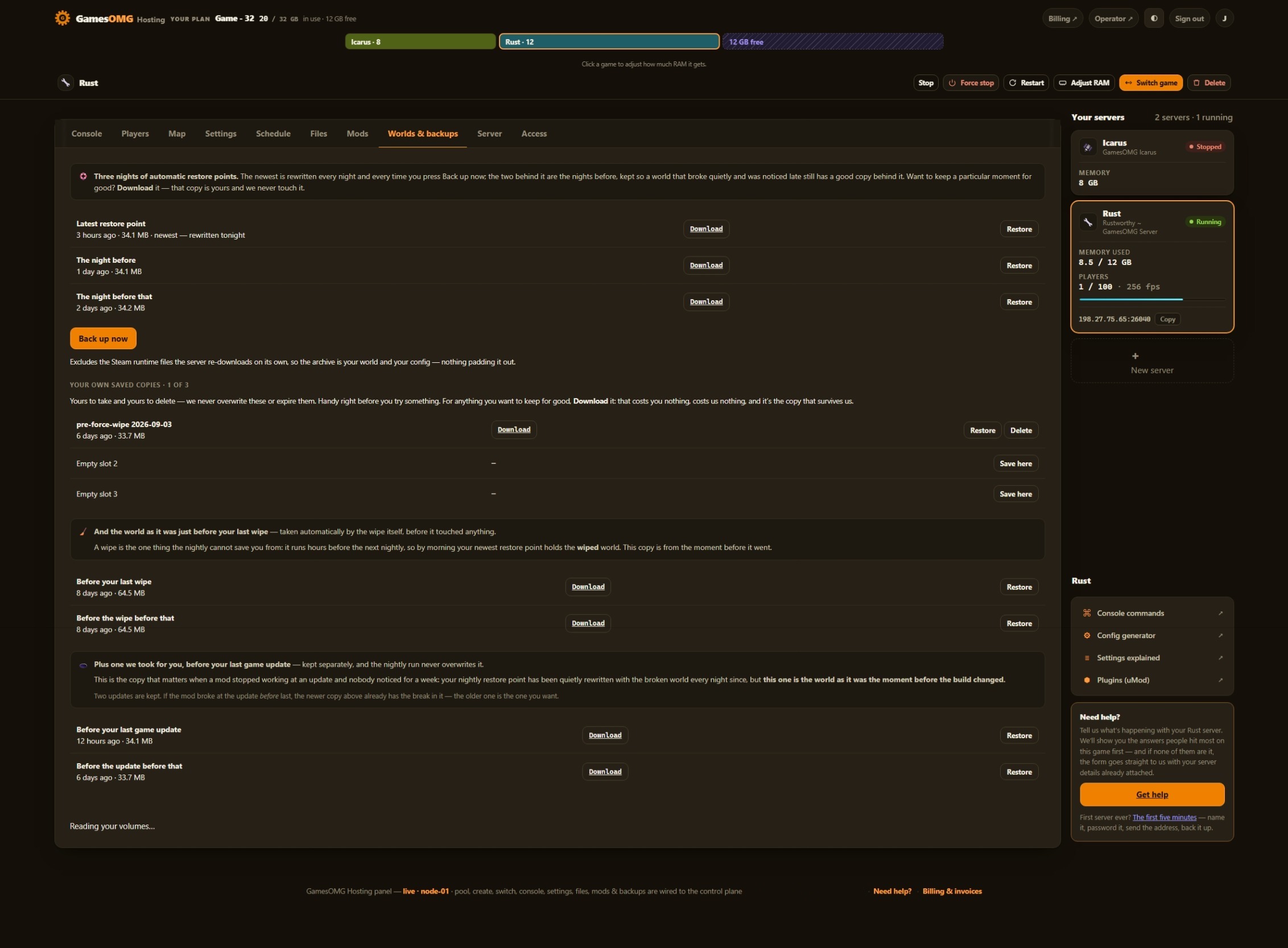Rust worlds and backups in the GamesOMG Hosting panel