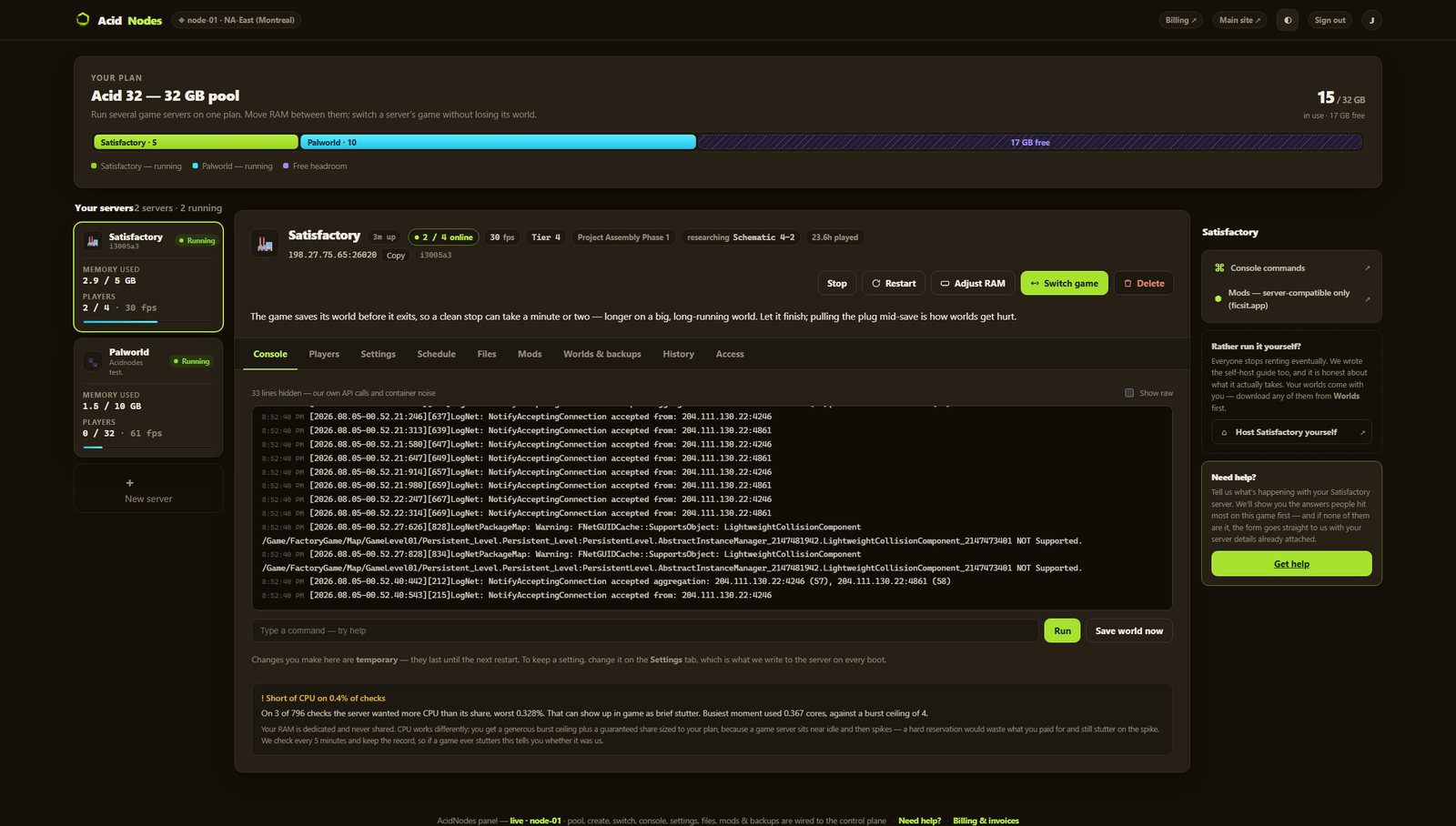 Satisfactory console in the AcidNodes panel