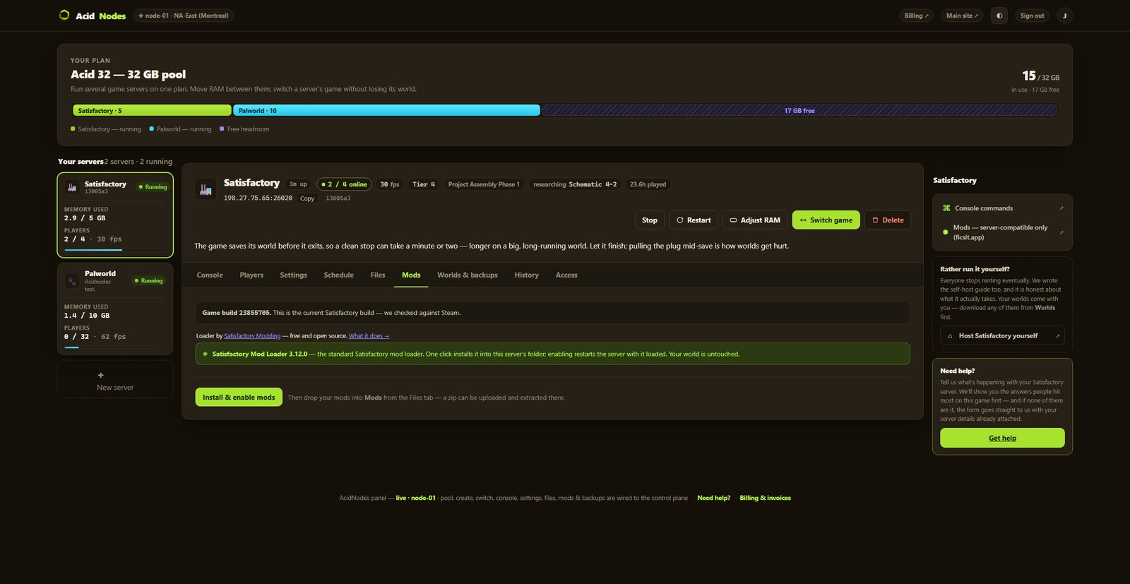 Satisfactory mods in the AcidNodes panel