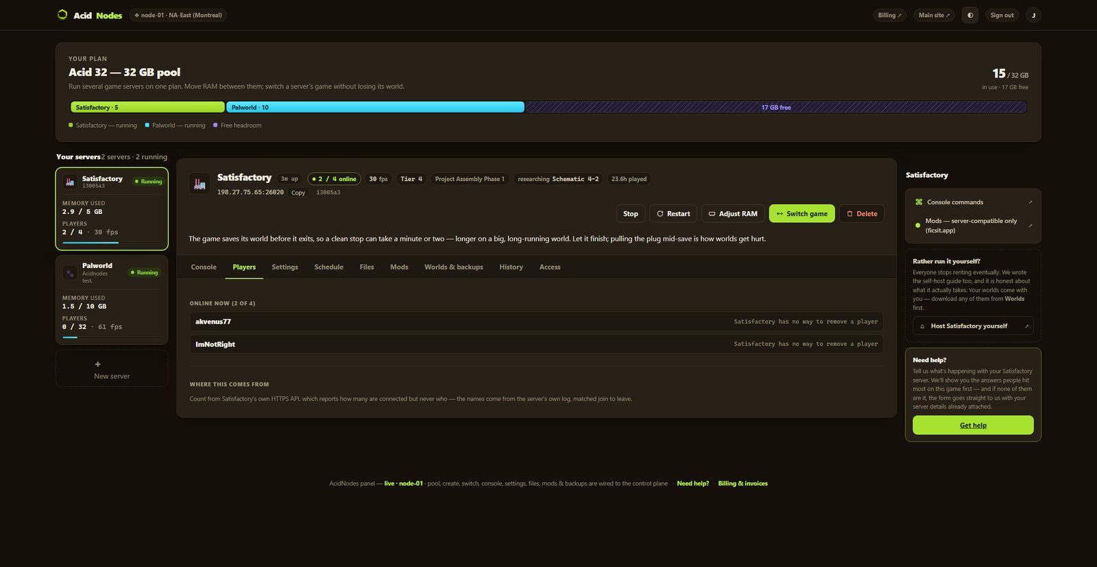 Satisfactory players in the AcidNodes panel