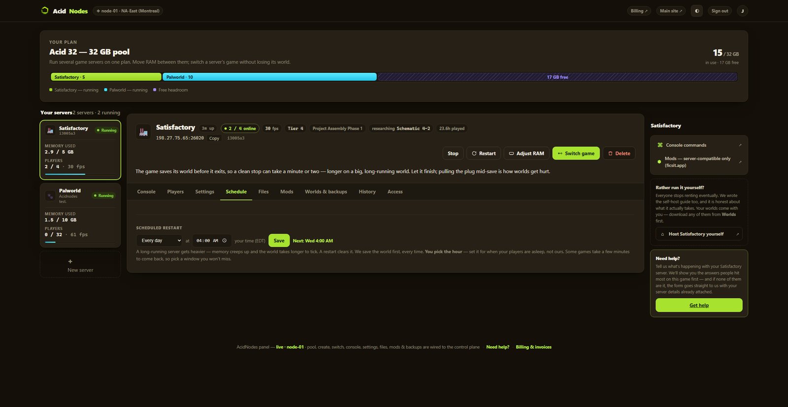 Satisfactory schedule in the AcidNodes panel