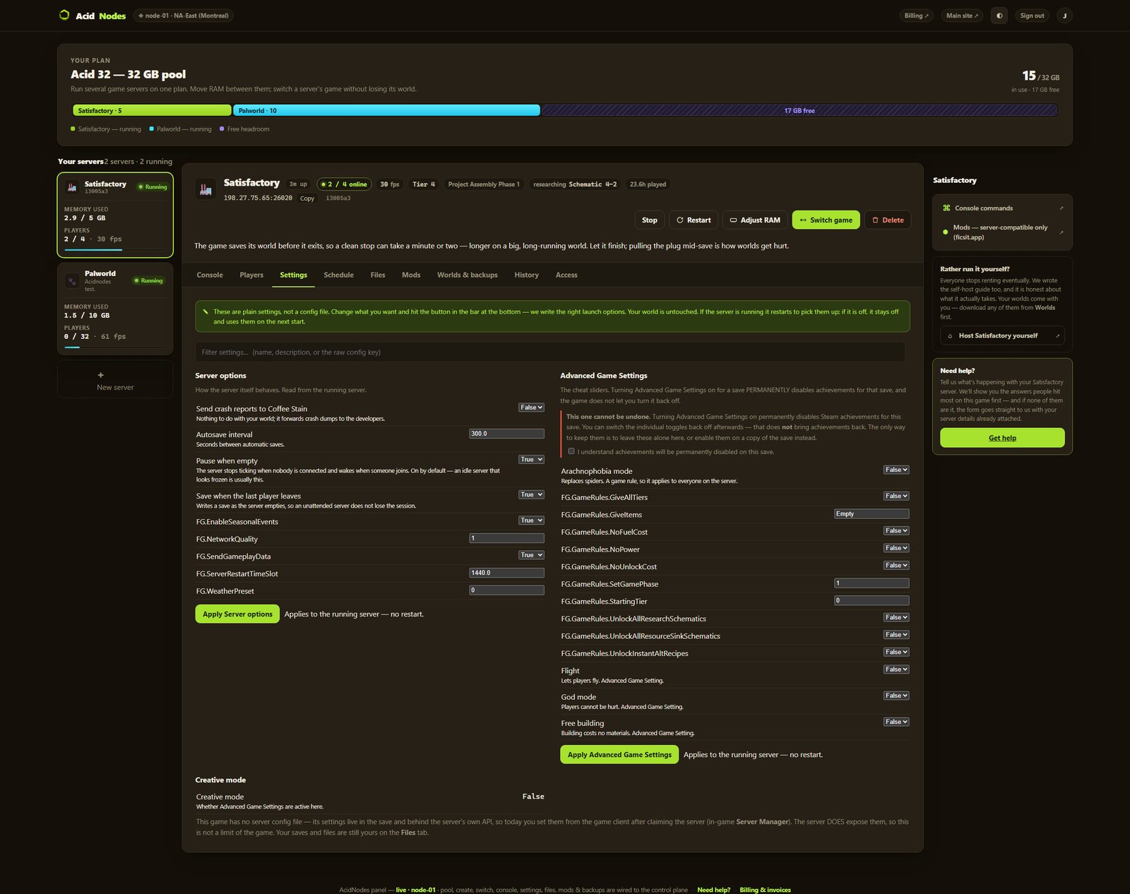 Satisfactory settings in the AcidNodes panel