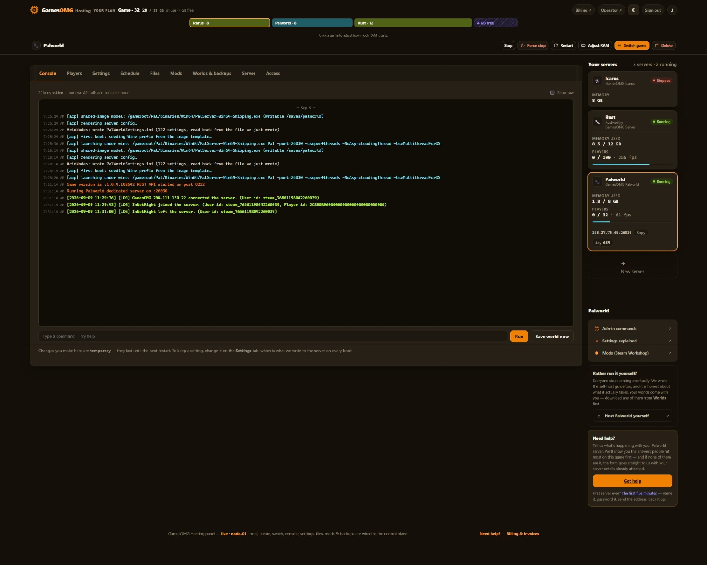 Placeholder: the console tab shown on a Palworld server, while Sons of the Forest captures are processed