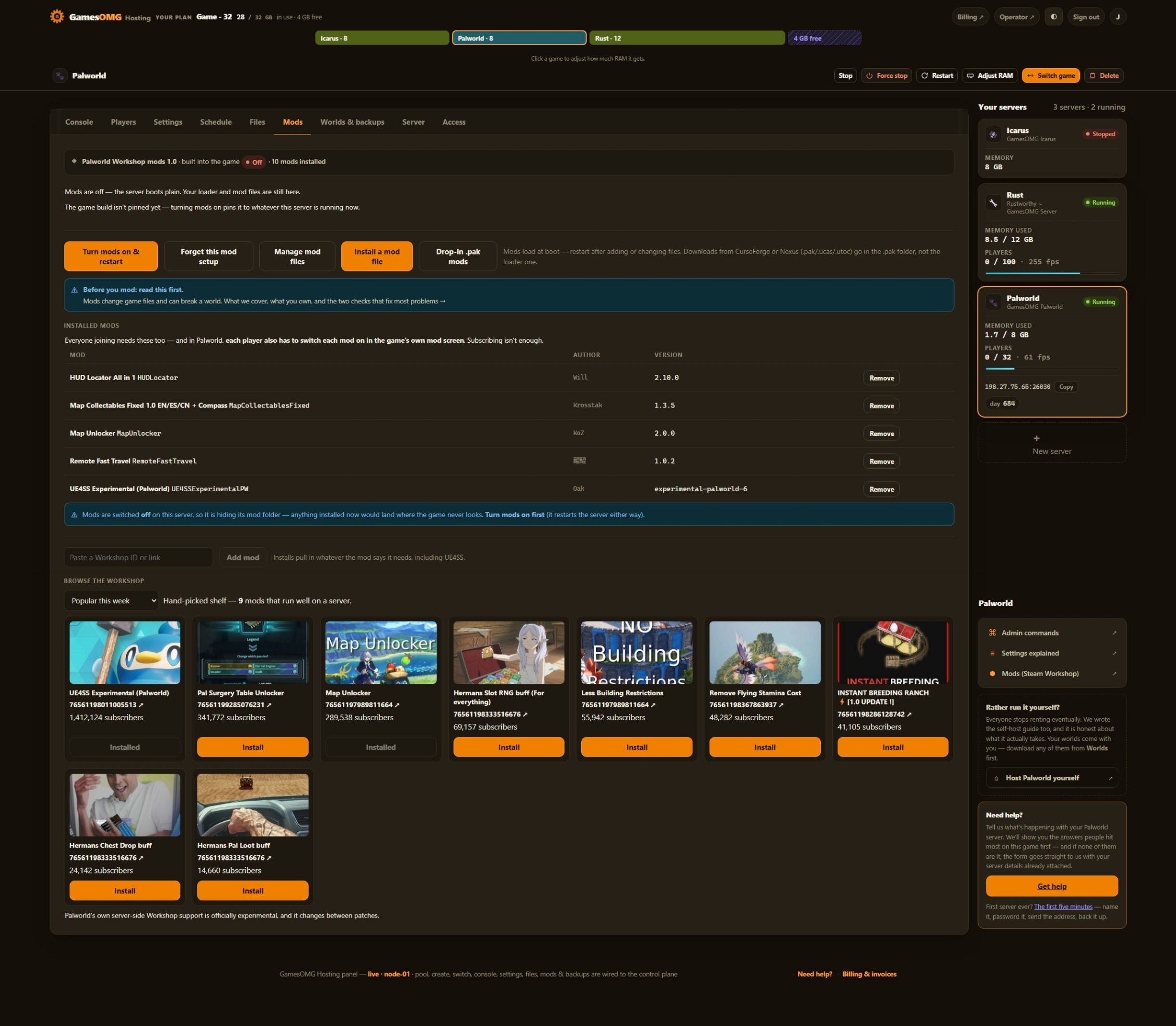 Placeholder: the mods tab shown on a Palworld server, while Sons of the Forest captures are processed