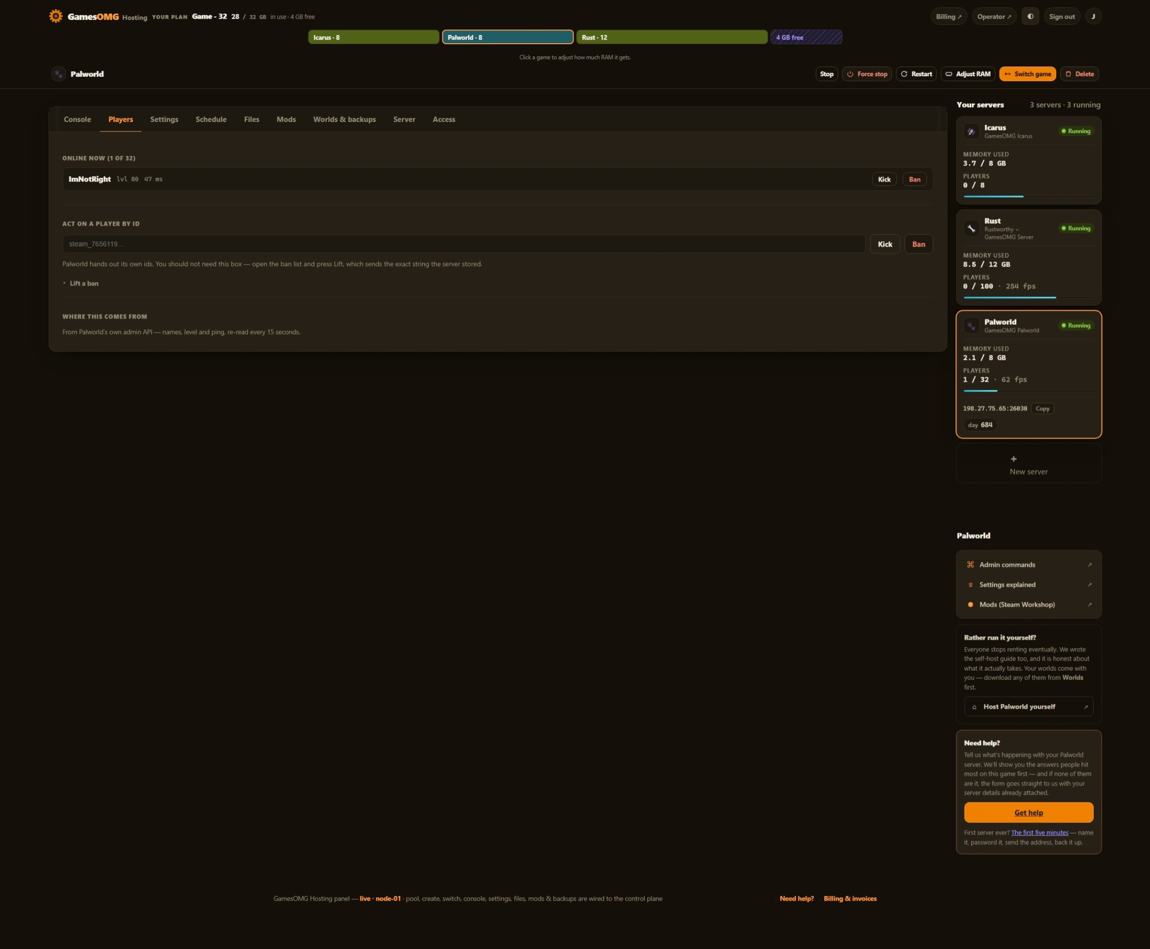 Placeholder: the players tab shown on a Palworld server, while Sons of the Forest captures are processed
