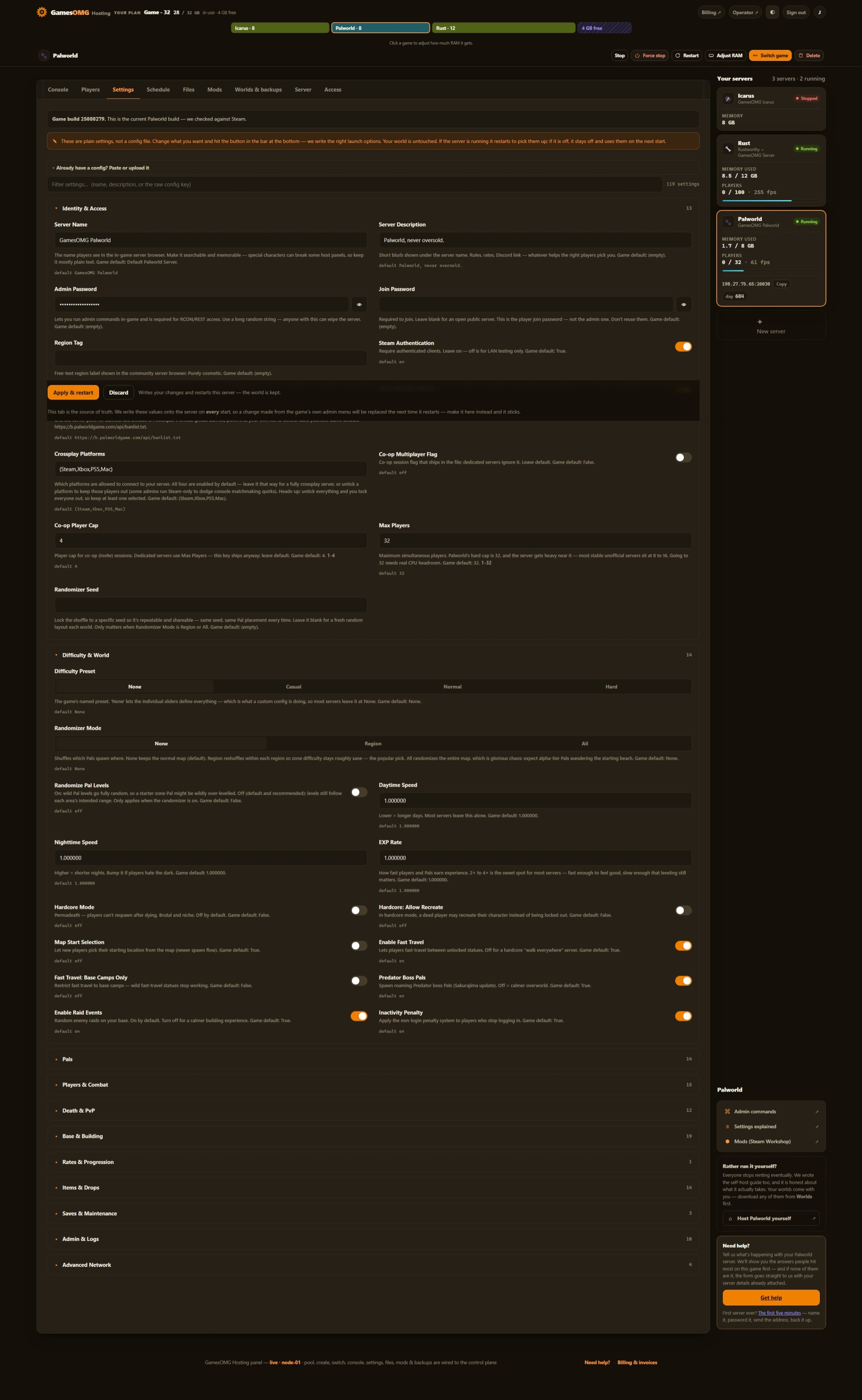 Placeholder: the settings tab shown on a Palworld server, while Sons of the Forest captures are processed
